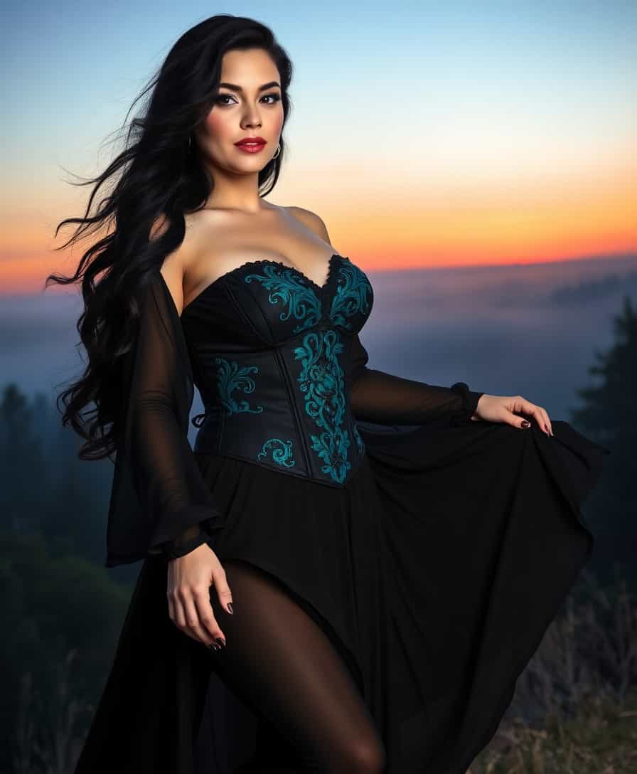 A photorealistic image of a curvy woman with long black hair wearing a flowing black gothic dress with intricate aqua embroidery and metallic accents on the sexy corset. She stands on the edge of a misty forest at twilight, the soft orange and purple hues of the sunset blending into the background. Her dress billows gently in the breeze, creating a sense of motion as her confident posture adds drama to the composition.  
