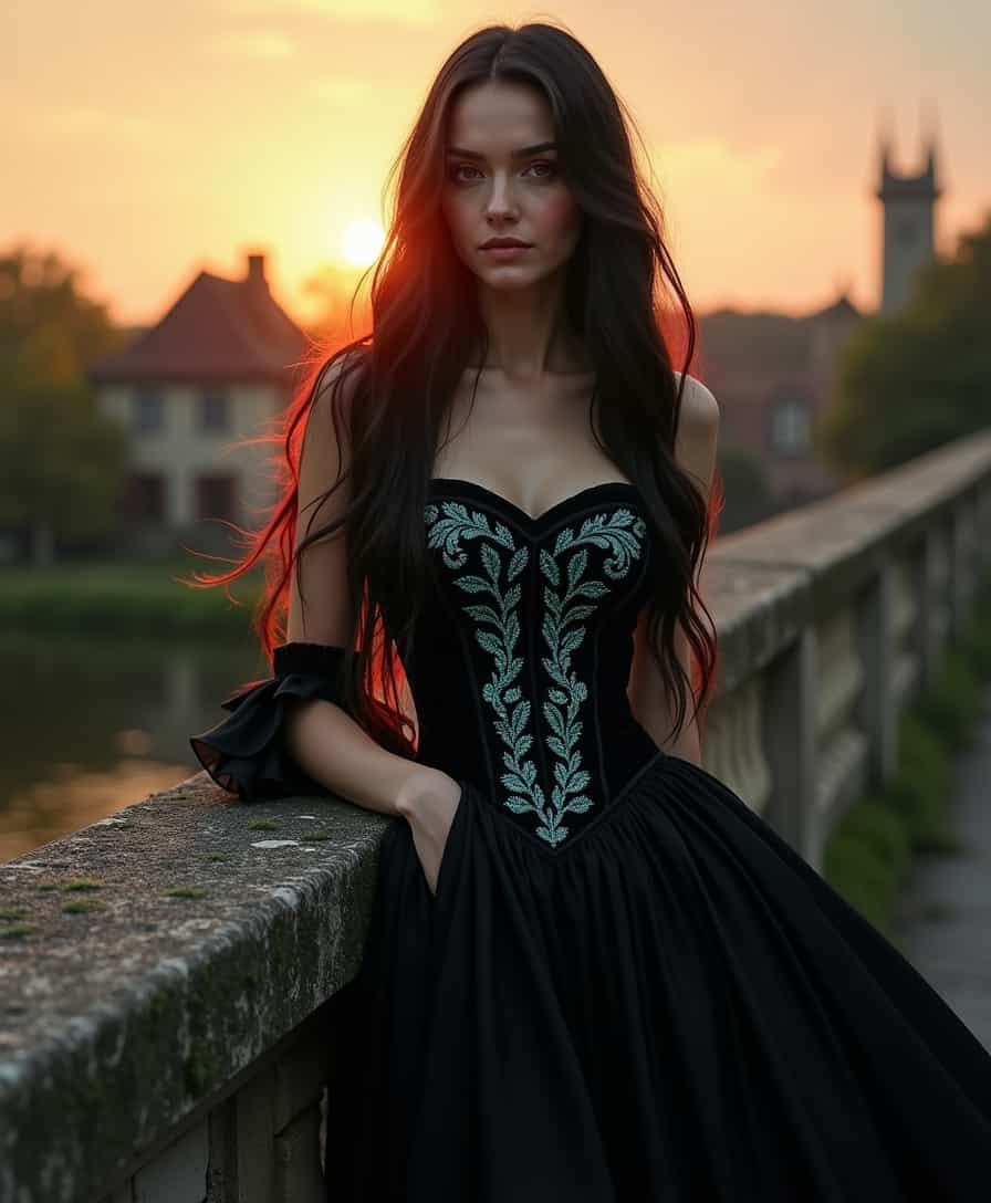 ```plaintext
**Image Prompt:**

Create a high-definition portrait of a European woman with long, flowing black hair featuring subtle red strands, styled in a romantic, cascading manner. She is adorned in a wide, black gothic dress with intricate, shimmering turquoise appliqués on the corset, enhancing her silhouette with a touch of mystique.

- **Style:** The image should evoke the dramatic, ethereal quality of Pre-Raphaelite paintings, focusing on fine details and vibrant colors reminiscent of the Romantic era.
- **Visual Details:** Her eyes should reflect a depth of emotion, with a hint of melancholy or longing. The fabric of her dress should appear richly textured, with the contrast of matte black velvet against the luminous turquoise accents creating visual depth. Her skin should have a soft, almost luminous glow under the setting sun.
- **Lighting:** Capture the scene during the golden hour, where the light is warm and diffused, casting long shadows and illuminating her features with a gentle glow. The sun should be setting behind her, creating a backlit silhouette effect with rays of light filtering through her hair.
- **Composition:** Place her on a weathered, ancient stone bridge with visible wear and moss, emphasizing the historical ambiance. Position her slightly off-center, leaning against the stone railing with her skirt cascading over it, creating dynamic lines and adding to the dramatic effect. The camera angle should be slightly low, looking up at her to convey her grandeur.
- **Mood and Atmosphere:** The atmosphere should be serene yet slightly melancholic, with the soft sounds of a distant village at dusk. The setting sun casts a warm, golden light over the scene, with the sky painted in soft oranges and pinks, and the smoke from distant chimneys adds a touch of life to the otherwise still landscape.
- **Technical Aspects:** Utilize depth of field to keep the woman in sharp focus while the background softly blurs, creating a dreamlike quality. Employ a wide-angle lens to capture the vastness of the landscape behind her, ensuring the bridge and village are in view but not overpowering the main subject.
- **Cohesion:** Ensure that all elements, from the dress's details to the lighting and the landscape, harmonize to create a scene that feels both timeless and captivating, telling a story of history, romance, and mystery.

```