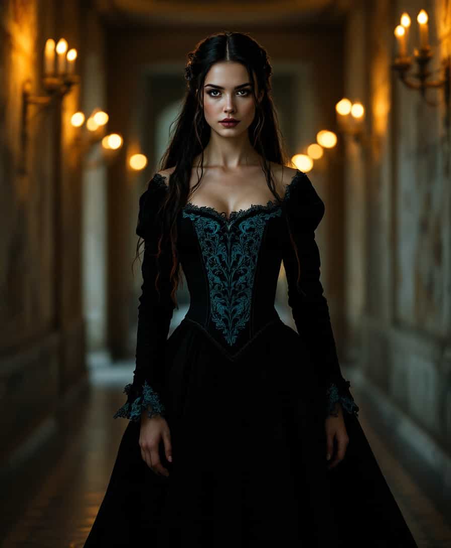 A highly detailed photo of a 40-year-old European woman with **pale skin** and **long black hair** adorned with **subtle red strands**. She is dressed in a **black medieval gown** featuring **intricate turquoise lace detailing** on the corset, enhancing the elegance of her silhouette. The gown trails behind her, with the lace shimmering subtly under the **flickering candlelight**. Her face is illuminated by the **warm, uneven light** from candle sconces, highlighting her features and the texture of her skin. 

**Style**: Capture this scene in the style of a **Renaissance portrait**, focusing on **realism** with a touch of **romanticism**. Use **chiaroscuro** to create dramatic contrasts between light and shadow, enhancing the depth and texture of both the woman and the surroundings.

**Composition**: She is positioned **slightly off-center**, moving towards the viewer, creating a dynamic sense of motion. The **camera angle** is slightly low to emphasize her **regal bearing**. The hallway stretches into the distance, framed by **stone arches** that lead the eye deeper into the scene.

**Mood and Atmosphere**: The atmosphere is **mysterious** and **slightly eerie**, with **dim lighting** and the echoing footsteps on the stone floor. The time is **twilight**, with a **faint glow** suggesting the end of the day. The ambiance is one of **solitude**, **grandeur**, and **historical depth**.

**Technical Aspects**: Utilize **depth of field** to keep the woman in **sharp focus** while the background fades into **soft shadows**. Employ a **wide-angle lens** to capture the grandeur of the hallway and the detail of the arches. Ensure the lighting is **soft yet directional**, coming from the sconces to create a **naturalistic glow**.

**Cohesion**: All elements must blend to form a believable **medieval scene**, where the woman's presence and attire fit seamlessly with the **ancient, stone architecture** of the castle, evoking a sense of **timelessness** and **nobility**.