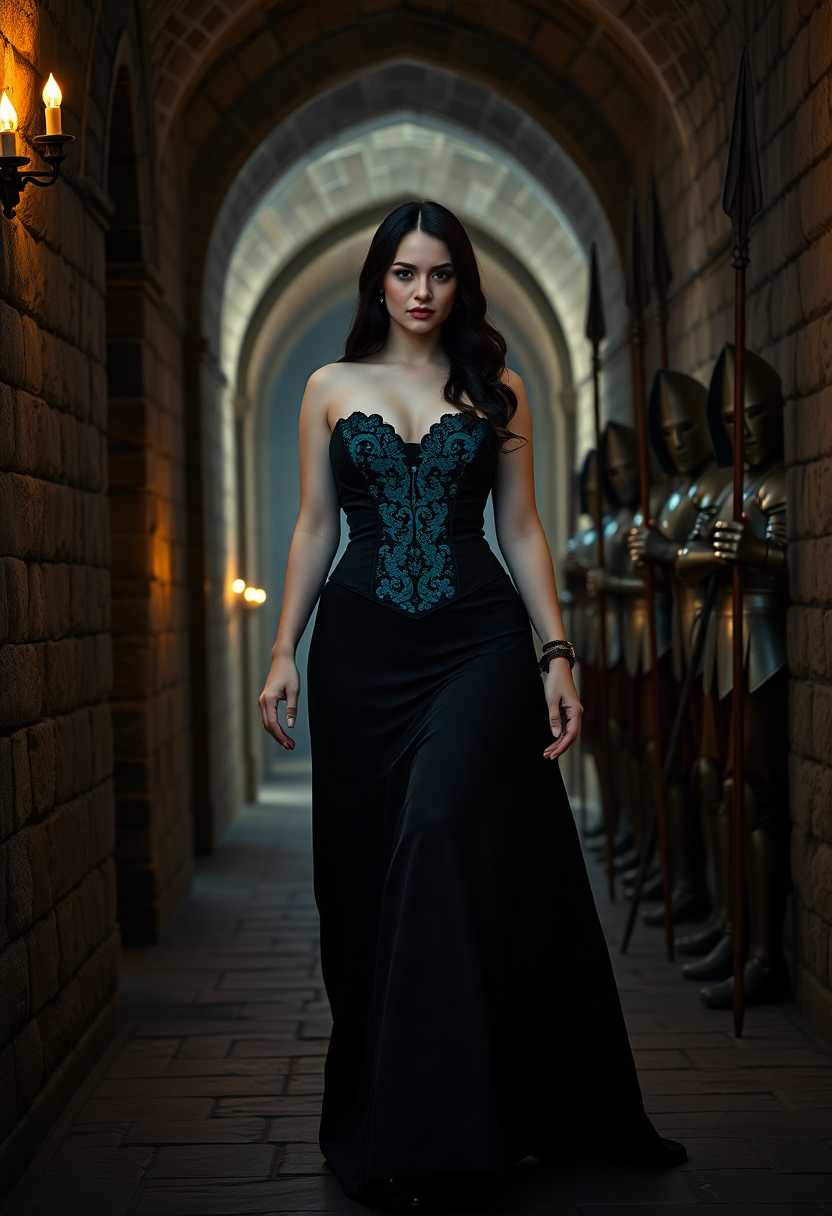 Create a striking half-body portrait of a 40-year-old woman, characterized by her pale skin, long black hair with red strands, and a voluptuous figure. She is adorned in an elegant, black gothic gown with intricate turquoise lace details accentuating the corset, which hugs her form. Her posture exudes grace and confidence as she walks down a dimly lit medieval castle hallway. 

**Visual Details:**
- Her skin should appear almost luminescent against the dark backdrop, with a slight blush on her cheeks to add warmth.
- The gown should have a deep, rich texture, with velvet or silk material, the lace work on the corset should be delicate and ornate, reflecting light from the torches.
- Her hair should flow freely down her back, with a few strands artfully framing her face, catching the light to highlight the red streaks.

**Style:**
- The image should evoke a Gothic Romantic style, reminiscent of pre-Raphaelite paintings, with attention to detail and emotional depth.

**Composition:**
- Capture her from a slight low angle to emphasize her stature and the grandeur of the setting.
- The hallway should stretch into the background, converging lines drawing the eye towards her.
- Position guards at intervals along the hallway, their polished armor reflecting the torchlight, creating a contrast with the woman's soft features.

**Mood and Atmosphere:**
- The scene should be set in the evening, with the hallway bathed in a warm, flickering light from the torches, creating long shadows and a sense of mystery.
- The air should feel cool, with a slight mist or haze to give the scene an ethereal quality.

**Technical Aspects:**
- Utilize chiaroscuro lighting to enhance the depth and drama, with soft focus in the background to keep the focus on the woman.
- Employ a shallow depth of field to blur the background slightly, making the woman and her immediate surroundings the focal point.

**Cohesion:**
- All elements should contribute to a narrative of power, elegance, and a touch of melancholy, where the woman is both a part of and apart from the historical setting, her presence commanding yet enigmatic.