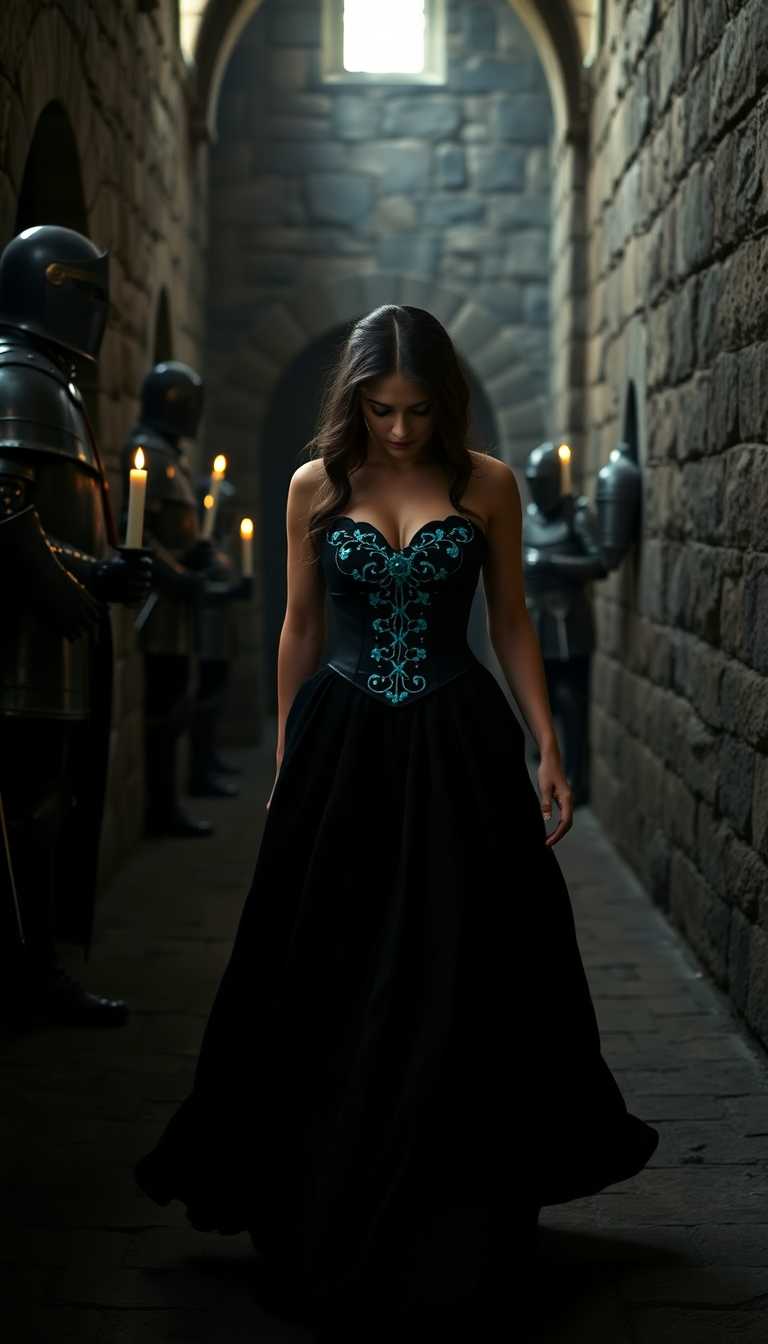 A high-definition photo of a woman in a flowing black gothic gown with intricate turquoise beadwork on the corset, making her way through a candlelit stone hallway in a medieval castle. The faint glint of metal reflects off the armor of guards stationed at intervals along the passageway, their presence both protective and foreboding. The interplay of shadows creates a dramatic and mysterious atmosphere.  
