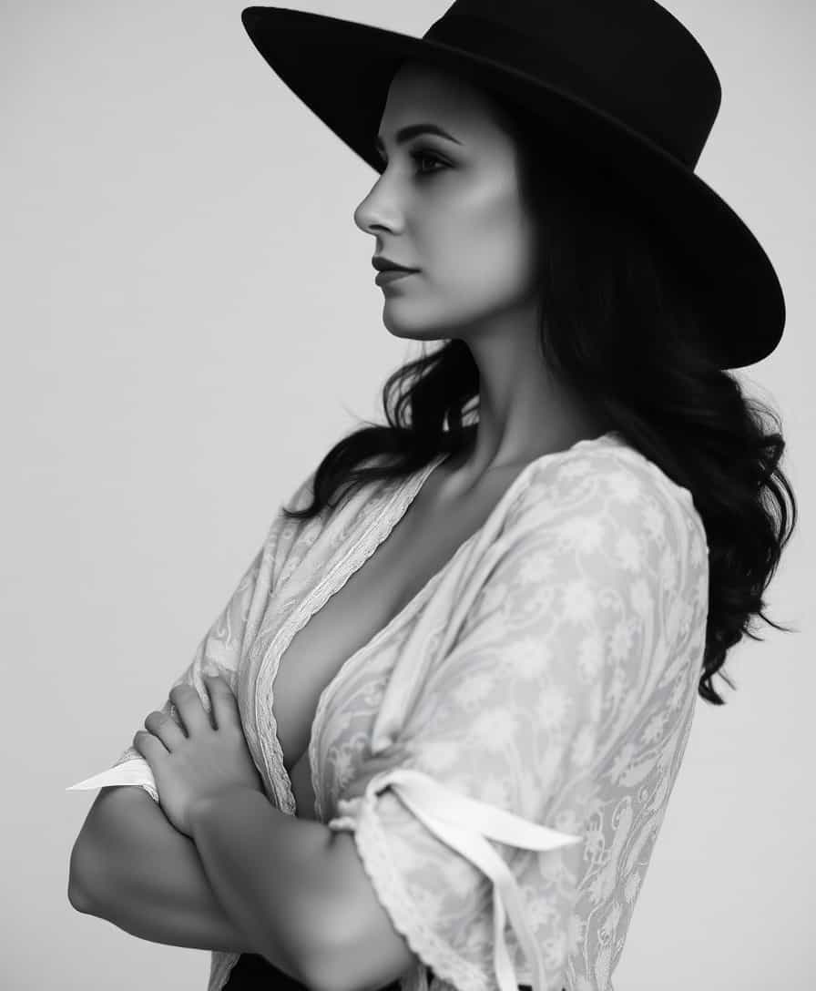 The image features a woman in a black and white photograph, captured in a side profile with her arms crossed over her chest. She is wearing a wide-brimmed hat and a delicate lace garment that drapes over her shoulders. The background is blurred, focusing the viewer's attention on the subject.