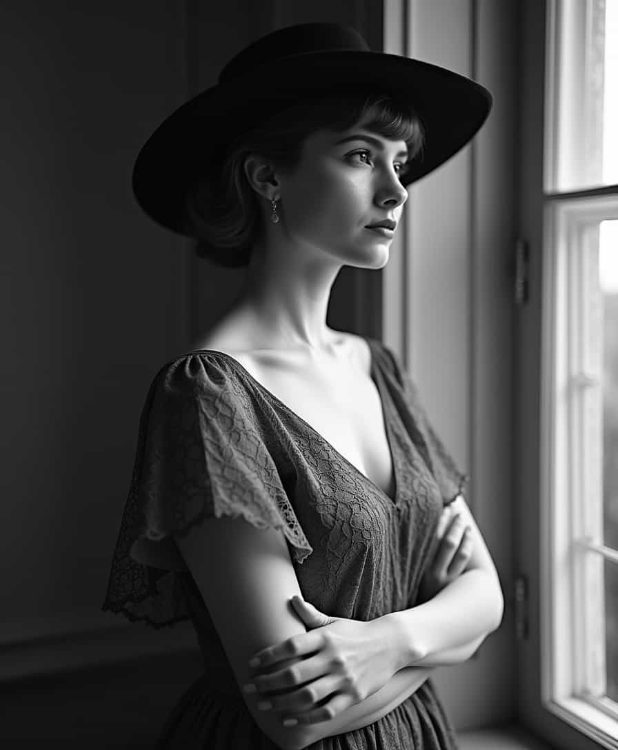 **Prompt:**

Create a black and white portrait of a woman in a side profile. She should have her arms crossed over her chest, exuding an air of poise and introspection. The woman wears a wide-brimmed hat, casting a soft shadow over her face, with fine details of the hat's texture visible. Her attire includes a delicate lace garment that elegantly drapes over her shoulders, the intricate patterns of the lace standing out in stark contrast to the monochrome palette. 

- **Style:** Emulate the timeless elegance of Edwardian-era photography, with a focus on high contrast and detailed shadows to enhance the depth and drama. 
- **Composition:** Position the subject slightly off-center to the left, allowing for negative space on the right. Use a shallow depth of field to blur the background, focusing all attention on the woman. The camera angle should be slightly above eye level to capture the contour of her face and the elegant lines of her attire.
- **Mood and Atmosphere:** The scene should evoke a sense of quiet contemplation, with the background suggesting an indoor setting with soft, diffused light. The time of day should feel like late afternoon, with the light casting gentle shadows and creating a serene ambiance.
- **Technical Aspects:** Utilize a soft focus lens effect to blur the background, ensuring the subject stands out sharply. The image should be grainy to mimic the texture of vintage film, and incorporate a slight vignette to draw the viewer's eye inward.

This portrait should capture the essence of grace and timeless beauty, with every element working in harmony to create a compelling, cohesive scene.