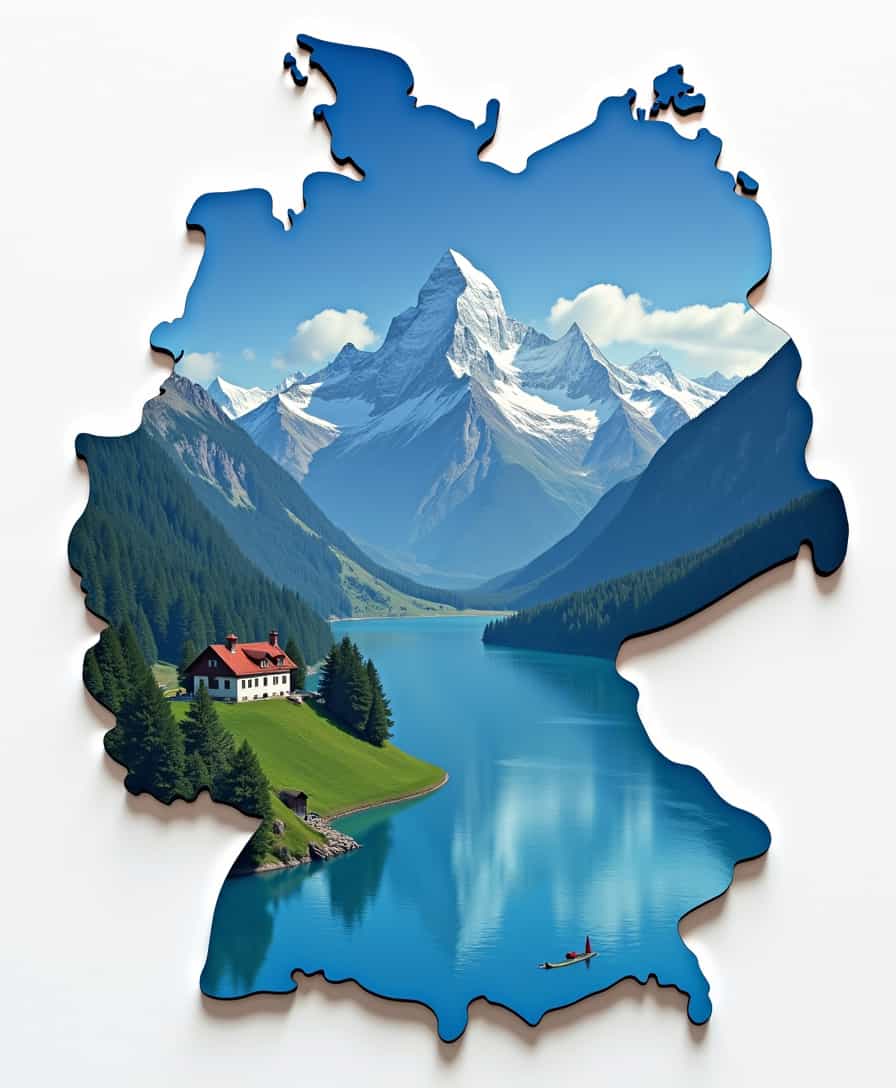 create a 3d map of Bavaria showing of BAVARIA is a German state and blue and white flag, show the mountians in the south as 3d icon, hd hyperrealism, photography