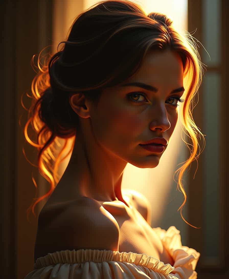 **Prompt:**

Create a digital painting of a **gorgeous woman**, her ethereal beauty captured through the following elements:

- **Style**: 
  - Chiaroscuro effect reminiscent of Renaissance portraiture and Baroque art, using dramatic light and shadow to sculpt the form and evoke emotion.
  - Incorporate elements of Surrealism with dreamlike, otherworldly features to create a sense of the subconscious and irrational.

- **Visual Details**:
  - Rich, saturated colors with a warm palette to suggest passion and intensity.
  - Smooth blending of colors and realistic rendering of textures typical of digital painting, emphasizing the skin's glow, the softness of the hair, and the fabric's texture.
  - The woman's facial expression should convey a sense of mystery and allure, with soft, luminous eyes and a slight, enigmatic smile.

- **Composition**:
  - The subject is positioned slightly off-center, creating an asymmetrical balance that draws the viewer into the scene.
  - Use a low angle perspective to enhance her stature and presence, making her appear almost larger than life.
  - Framing should include elements that suggest a dreamlike environment, like softly blurred edges or ethereal, floating elements around her.

- **Mood and Atmosphere**:
  - The lighting should be dramatic with soft, diffused light sources, creating an intimate and mysterious atmosphere.
  - The time of day could be dusk or dawn, with the light casting long shadows and a golden hue to enrich the colors.
  - The ambiance should feel like stepping into a dream, where reality and fantasy blend seamlessly.

- **Technical Aspects**:
  - Utilize **soft focus** in parts of the image to enhance the surreal effect while keeping the subject in sharp focus.
  - Employ **color grading** to further enhance the warm palette, with careful attention to the balance between light and dark areas for depth and contrast.
  - **Depth of field** should be shallow, focusing on the woman, with the background becoming increasingly abstract and dreamlike.

- **Cohesion**: 
  - The overall scene should blend classical portraiture techniques with modern digital painting to create a visually striking, emotionally evocative, and timeless piece. The surreal elements should complement the classical techniques, creating a harmonious and believable dreamscape.