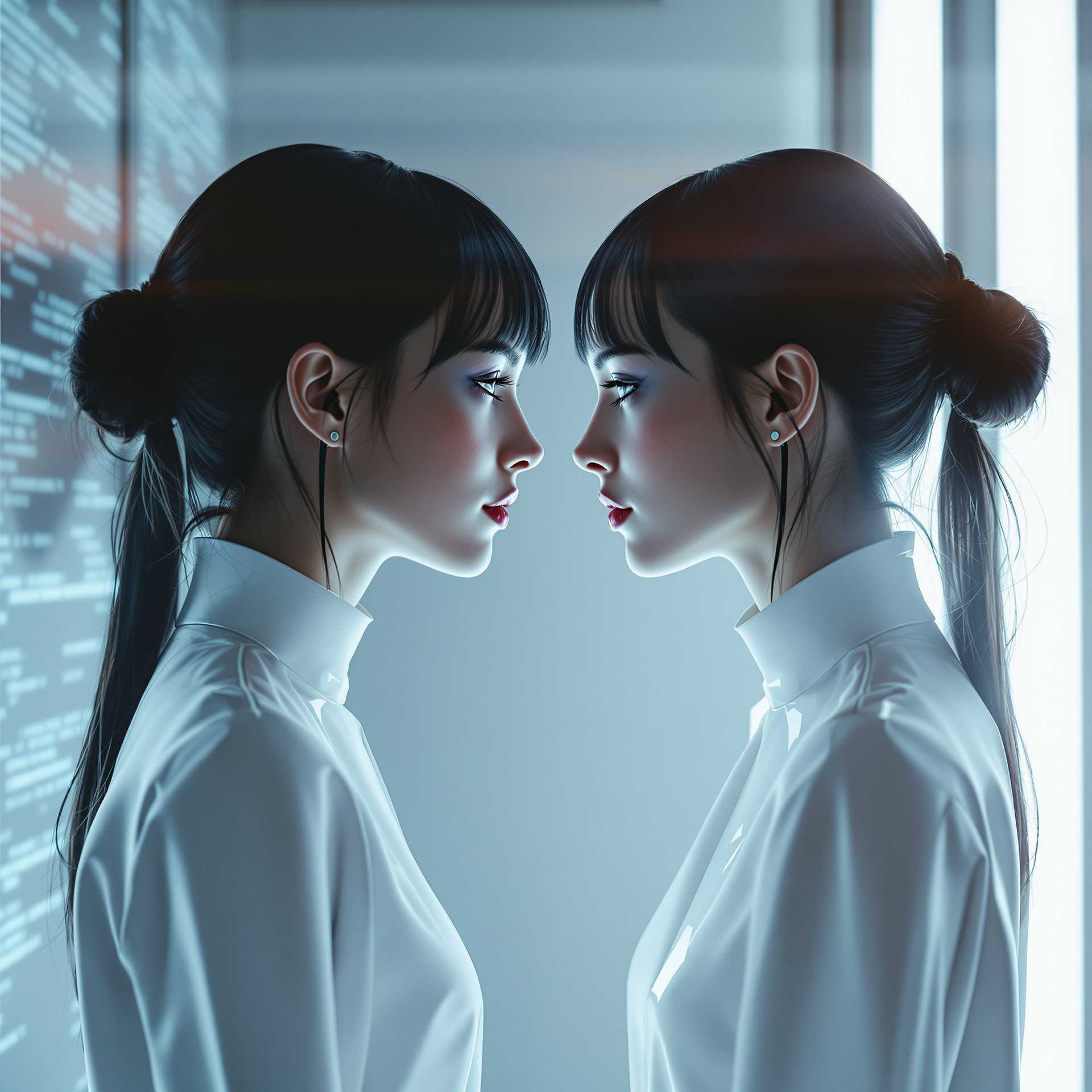 A woman and her digital twin, **face to face**, their expressions mirroring each other with a touch of **surrealism**. The scene is set in a **futuristic, minimalist room** with soft, **ambient lighting** casting gentle shadows that blur the lines between reality and the digital realm. 

- **Visual Details**: The woman and her twin are dressed in **simple, monochrome attire** - one in a light shade, the other in a darker hue, enhancing the contrast between them. Their hair is styled identically, with slight variations in color to differentiate the real from the digital. The room features **glossy, metallic surfaces** and **holographic screens** subtly displaying code and digital art.

- **Style**: The image evokes a **cyberpunk aesthetic** with elements of **photorealism** to blur the boundaries between the real and the virtual. The style should capture the **hyper-detail** of modern digital art, with **sharp edges and clean lines**, reminiscent of **sci-fi movie posters**.

- **Composition**: The composition is **symmetrical**, with the woman and her twin at the center, their **gazes locked**. The camera angle is **slightly low** to give a sense of looking up at them, enhancing their stature and the importance of the moment. The framing cuts off at their knees, focusing on their interaction.

- **Mood and Atmosphere**: There's an **eerie calmness** to the scene, with a **mysterious, contemplative** atmosphere. The room's lighting creates **soft gradients** from light to dark, symbolizing the transition from physical to digital. The time of day is **ambiguous**, contributing to the timeless, out-of-this-world feel.

- **Technical Aspects**: Use **depth of field** to keep the twins in sharp focus while the background elements are slightly blurred. The **color palette** should be **muted yet vibrant**, with **high contrast** to emphasize the duality of the twins. Employ **lens flares** from the holographic screens to add a touch of **futuristic magic**.