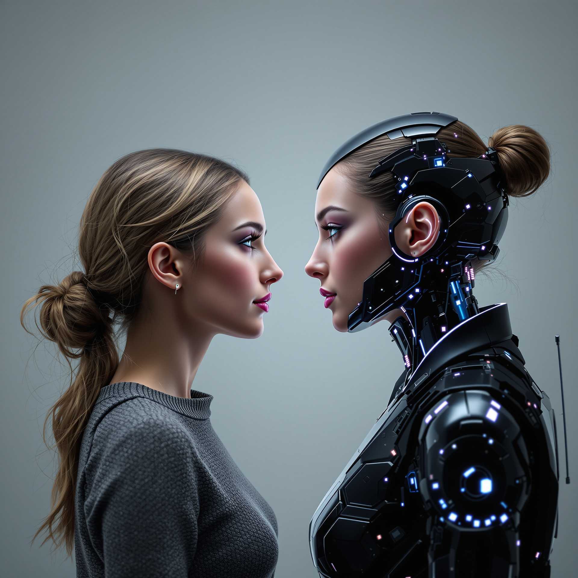a woman standing face to face with her digital twin. the woman on the left looks completely normal. The digital twin on the right looks futuristic 