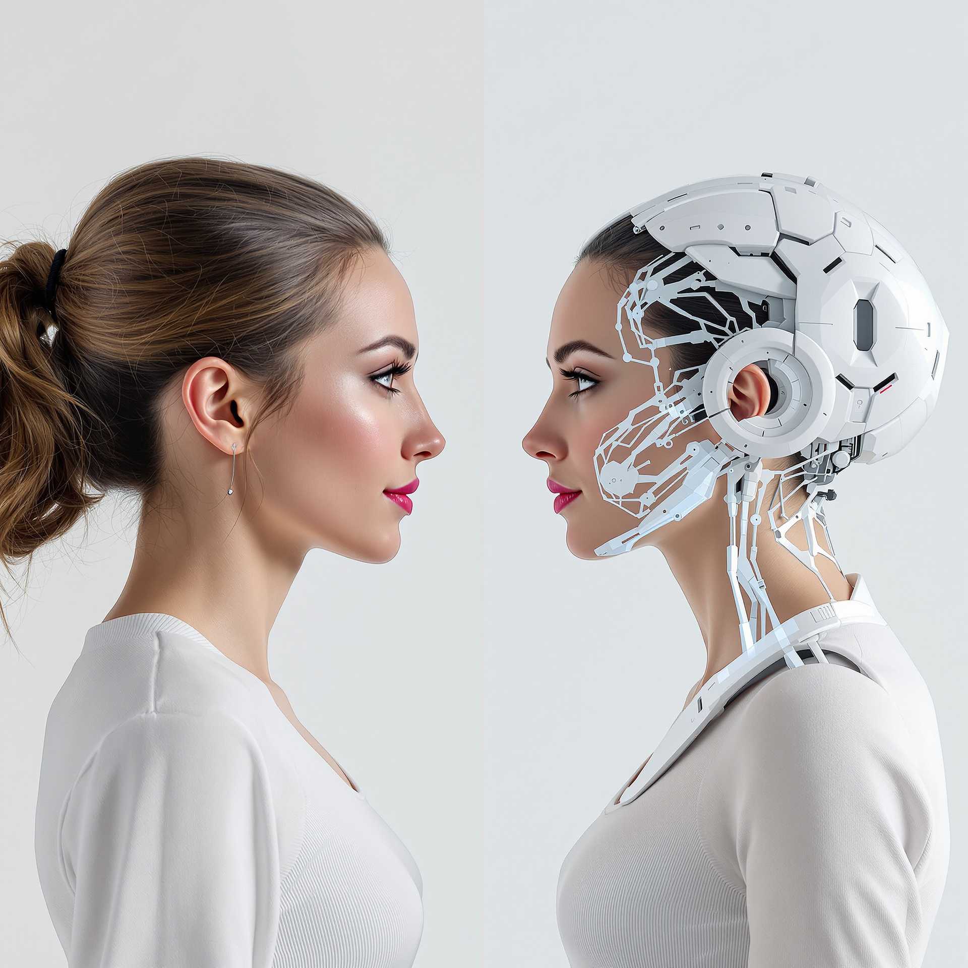 a woman standing face to face with her digital twin. the woman on the left looks completely normal. The digital twin on the right looks futuristic 
