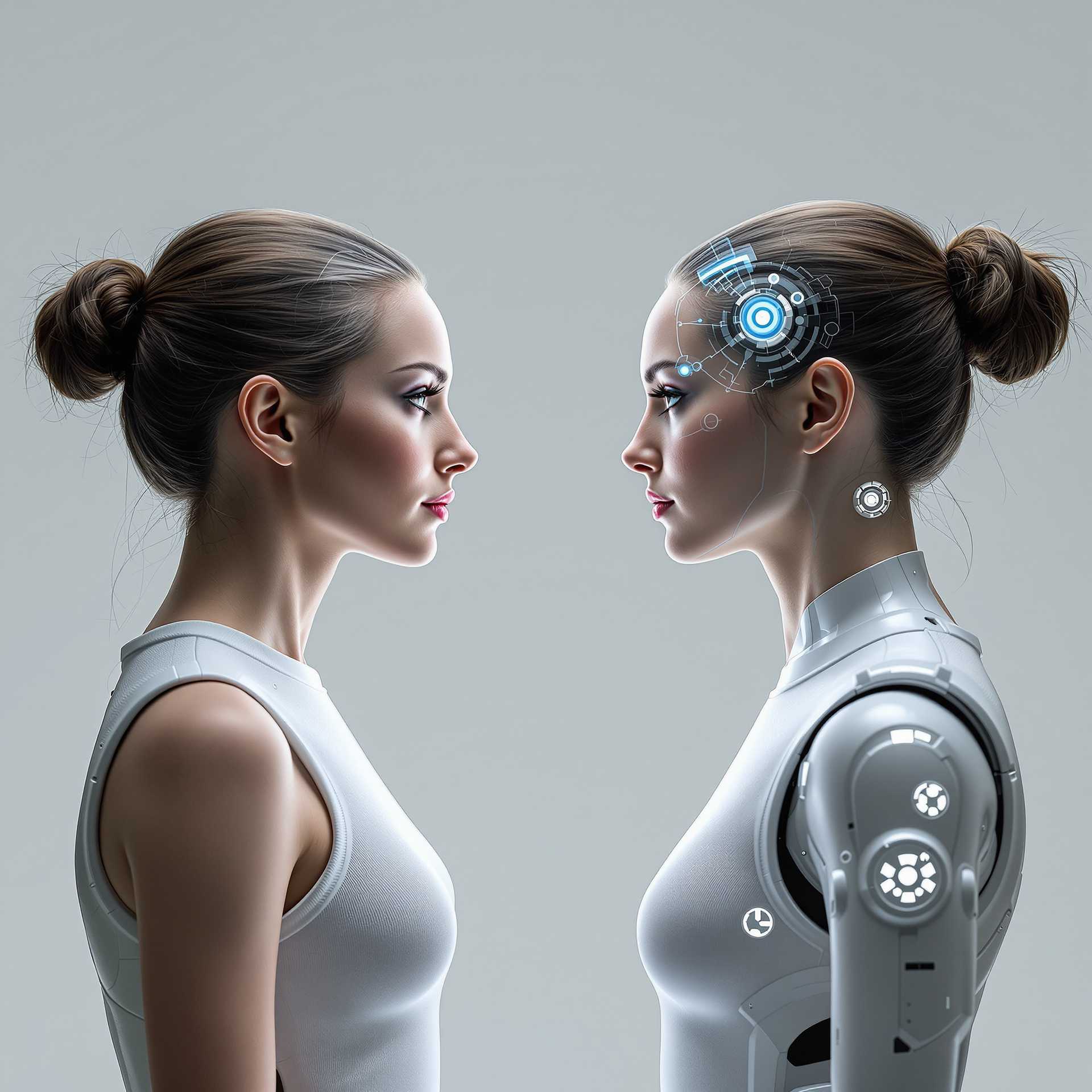 a woman standing face to face with her digital twin. the woman on the left looks completely normal. The digital twin on the right looks futuristic 