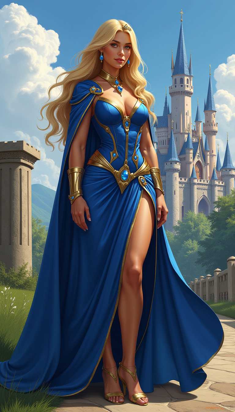 This is a digital artwork that features a woman dressed in a regal blue and gold outfit with a high neckline and a fitted bodice. The woman has long, flowing blonde hair, a large bust and is wearing a matching blue cape. The outfit is adorned with intricate gold detailing and gemstones, and the character is accessorized with a tiara and matching earrings. The woman has a muscular build, with a prominent chest and a curvaceous waist leading to a flared skirt.The art style is a blend of fantasy and realism, with a focus on detailed textures and lighting that give the image a three dimensional quality. The medium appears to be a digital painting, utilizing a high level of detail and shading to create the realistic look of the character and the surrounding environment.The colors in the image are rich and vibrant, with a predominance of blues and golds. The characters skin is a warm, golden tone, providing a contrast to the cool blues of the outfit and the background. The lighting in the scene is bright and sunny, casting soft shadows and highlights that give depth to the image.In the background, there is a castle with multiple towers and spires, set against a clear blue sky with fluffy white clouds. The castle is surrounded by lush greenery and a well manicured lawn, with a stone column and a section of a wall visible in the foreground. The overall atmosphere of the image is one of fantasy and grandeur, with a touch of elegance and opulence.