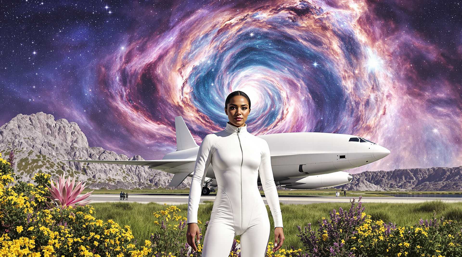 Certainly, lets explore the visual elements present in this image1. The woman, The central figure is a person clad in a sleek, white, futuristic spacesuit with a high collar and a zippered front. The suit has a shiny, metallic texture that reflects light, giving it a glossy appearance. The woman stands with a confident posture, with one hand resting on their hip and the other hanging by their side.2. Spaceship Behind the figure, there is a large, white spaceship with a streamlined design. It has a prominent cockpit window and what appears to be a hatch or door on the side. The ship is resting on a landing strip that cuts across a grassy terrain, with a backdrop of a rugged, rocky landscape.3. Cosmic Background The sky behind the spaceship and the figure is a stunning display of cosmic elements. It features a galaxy with swirling nebulae in shades of purple, pink, and blue. Stars dot the expanse, and there are hints of distant galaxies or celestial bodies that add to the depth of the scene.4. Flora Scattered across the grassy terrain, there are various plants and flowers. These include yellow wildflowers, purple and green shrubs, and a standout pink plant with long, feathery leaves that protrudes from the left side of the image.5. Lighting and Shadows The lighting in the scene is dramatic, with the sun casting sharp shadows across the landscape. This creates a sense of depth and dimension, and it also highlights the textures of the spacesuit, the spaceship, and the vegetation.6. Color Scheme The color scheme is rich and vibrant, with a predominance of whites, blues, greens, and yellows. The contrast between the cool blues and purples of the cosmic background and the warmer tones of the flora and the spaceship adds to the visual interest of the image.7. Composition The composition of the image is balanced, with the figure positioned centrally and the spaceship slightly to the right, creating a sense of symmetry. The diagonal line of the spaceships landing strip leads the viewers eye through the image, drawing attention to the figure and the cosmic backdrop.8. Water In the distance, there is a body of water that reflects the sky, adding to the sense of depth and realism in the scene.9. Atmosphere The atmosphere of the image is one of futuristic exploration and the unknown, emphasized by the vastness of space and the advanced technology represented by the spaceship.10. Artistic Style The image has a cinematic quality, with a high level of detail and realism that suggests it could be a scene from a science fiction movie or a concept art piece.