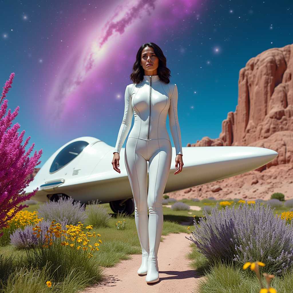 a photo of SH72, Certainly, lets explore the visual elements present in this image1. The woman, The central figure is a person clad in a sleek, white, futuristic spacesuit with a high collar and a zippered front. The suit has a shiny, metallic texture that reflects light, giving it a glossy appearance. The woman stands with a confident posture, with one hand resting on their hip and the other hanging by their side.2. Spaceship Behind the figure, there is a large, white spaceship with a streamlined design. It has a prominent cockpit window and what appears to be a hatch or door on the side. The ship is resting on a landing strip that cuts across a grassy terrain, with a backdrop of a rugged, rocky landscape.3. Cosmic Background The sky behind the spaceship and the figure is a stunning display of cosmic elements. It features a galaxy with swirling nebulae in shades of purple, pink, and blue. Stars dot the expanse, and there are hints of distant galaxies or celestial bodies that add to the depth of the scene.4. Flora Scattered across the grassy terrain, there are various plants and flowers. These include yellow wildflowers, purple and green shrubs, and a standout pink plant with long, feathery leaves that protrudes from the left side of the image.5. Lighting and Shadows The lighting in the scene is dramatic, with the sun casting sharp shadows across the landscape. This creates a sense of depth and dimension, and it also highlights the textures of the spacesuit, the spaceship, and the vegetation.6. Color Scheme The color scheme is rich and vibrant, with a predominance of whites, blues, greens, and yellows. The contrast between the cool blues and purples of the cosmic background and the warmer tones of the flora and the spaceship adds to the visual interest of the image.7. Composition The composition of the image is balanced, with the figure positioned centrally and the spaceship slightly to the right, creating a sense of symmetry. The diagonal line of the spaceships landing strip leads the viewers eye through the image, drawing attention to the figure and the cosmic backdrop.8. Water In the distance, there is a body of water that reflects the sky, adding to the sense of depth and realism in the scene.9. Atmosphere The atmosphere of the image is one of futuristic exploration and the unknown, emphasized by the vastness of space and the advanced technology represented by the spaceship.10. Artistic Style The image has a cinematic quality, with a high level of detail and realism that suggests it could be a scene from a science fiction movie or a concept art piece.