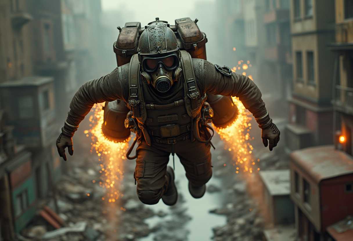 **Prompt:**

In a highly detailed, dystopian post-apocalyptic scene, a soldier with a gas mask and goggles flies above a desolate, ruined urban street. The soldier's uniform combines metallic and leather elements, showcasing intricate patterns and worn textures, reflecting the harshness of their environment. The jetpack, adorned with visible exhaust flames, intricate mechanical details, glowing engine parts, and complex piping, adds a steampunk-inspired vibe to the composition. The scene is characterized by:

- **Visual Details:** The soldier's gear is weathered, with visible scratches and patches, emphasizing the struggle for survival. The jetpack's flames cast dynamic light and shadows, highlighting the contrast between the dark, gritty environment and the soldier's illuminated silhouette. The urban landscape features rusted, decaying vehicles and debris, with crumbling buildings in the background, all enveloped in muted, earthy tones.

- **Style:** The image should capture the essence of neo-noir and dystopian art, with influences from cyberpunk and steampunk aesthetics. The composition should reflect the chiaroscuro technique, enhancing the dramatic lighting and shadow play.

- **Composition:** The camera angle is from below, looking up at the flying soldier, creating a sense of scale and awe. The soldier is centered, dominating the frame, with the ruined cityscape spreading out in all directions, emphasizing their isolation. The framing should include elements of the city in the foreground, adding depth and context to the scene.

- **Mood and Atmosphere:** The overall mood is one of despair and survival in a world after the fall. The dim light reflecting off the ground, combined with the muted colors and the eerie silence of the desolate urban landscape, creates an atmosphere of desolation, hopelessness, and the eerie calm after the storm.

- **Technical Aspects:** Utilize high dynamic range imaging to capture the stark contrast between the bright jetpack flames and the dark surroundings. Employ a shallow depth of field to focus on the soldier, while the background remains slightly blurred, enhancing the sense of movement and focus on the subject.

This cohesive scene should evoke the feeling of a lone survivor navigating a world left in ruins, where technology and survival intertwine in a visually compelling narrative.
