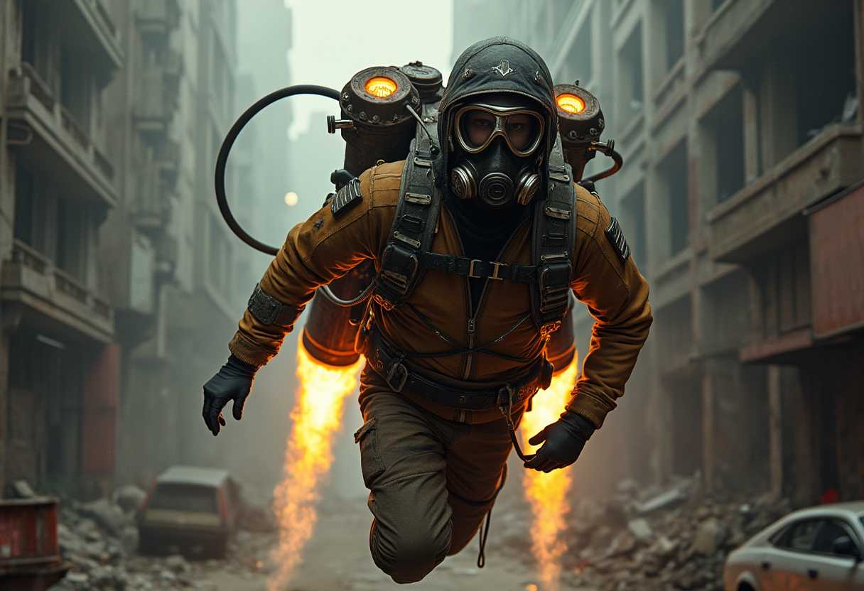 **Prompt:**

In a highly detailed, dystopian post-apocalyptic scene, a soldier with a gas mask and goggles flies above a desolate, ruined urban street. The soldier's uniform combines metallic and leather elements, showcasing intricate patterns and worn textures, reflecting the harshness of their environment. The jetpack, adorned with visible exhaust flames, intricate mechanical details, glowing engine parts, and complex piping, adds a steampunk-inspired vibe to the composition. The scene is characterized by:

- **Visual Details:** The soldier's gear is weathered, with visible scratches and patches, emphasizing the struggle for survival. The jetpack's flames cast dynamic light and shadows, highlighting the contrast between the dark, gritty environment and the soldier's illuminated silhouette. The urban landscape features rusted, decaying vehicles and debris, with crumbling buildings in the background, all enveloped in muted, earthy tones.

- **Style:** The image should capture the essence of neo-noir and dystopian art, with influences from cyberpunk and steampunk aesthetics. The composition should reflect the chiaroscuro technique, enhancing the dramatic lighting and shadow play.

- **Composition:** The camera angle is from below, looking up at the flying soldier, creating a sense of scale and awe. The soldier is centered, dominating the frame, with the ruined cityscape spreading out in all directions, emphasizing their isolation. The framing should include elements of the city in the foreground, adding depth and context to the scene.

- **Mood and Atmosphere:** The overall mood is one of despair and survival in a world after the fall. The dim light reflecting off the ground, combined with the muted colors and the eerie silence of the desolate urban landscape, creates an atmosphere of desolation, hopelessness, and the eerie calm after the storm.

- **Technical Aspects:** Utilize high dynamic range imaging to capture the stark contrast between the bright jetpack flames and the dark surroundings. Employ a shallow depth of field to focus on the soldier, while the background remains slightly blurred, enhancing the sense of movement and focus on the subject.

This cohesive scene should evoke the feeling of a lone survivor navigating a world left in ruins, where technology and survival intertwine in a visually compelling narrative.