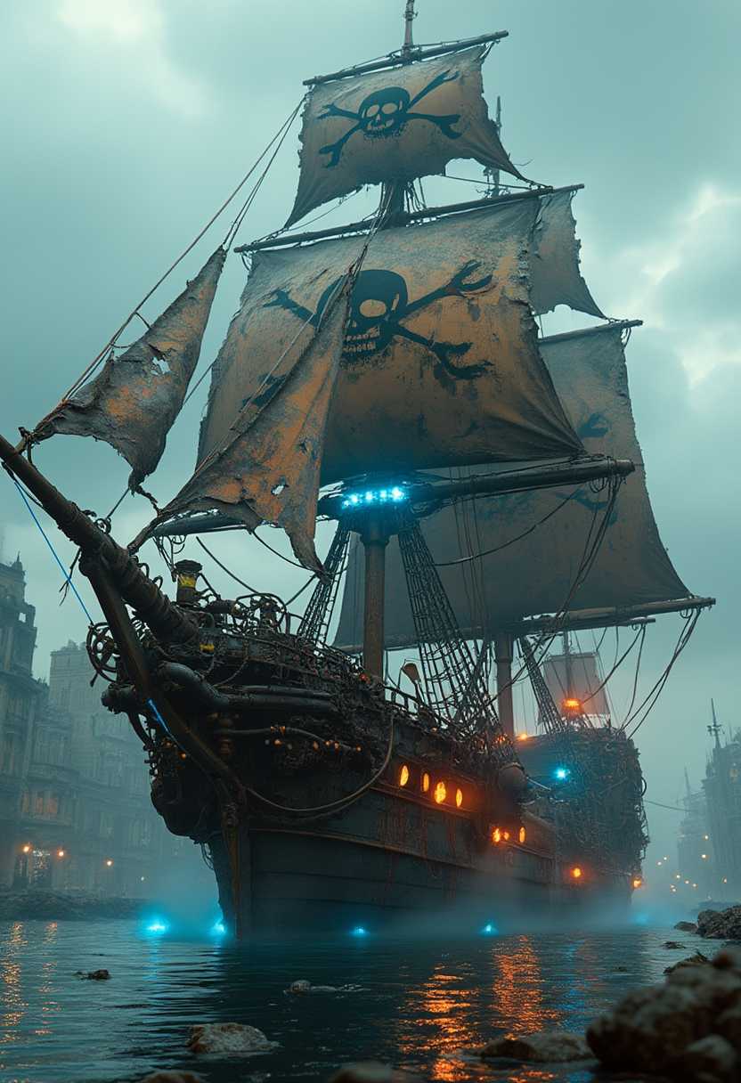A massive post-apocalyptic steampunk pirate ship navigating through a flooded, ruined cityscape. The ship is intricately detailed with pipes, gears, and metallic elements, exuding a sense of industrial decay. The sails are torn and feature a bold pirate skull and crossbones insignia, emphasizing its ominous and rebellious character. Glowing blue and orange lights illuminate parts of the ship, adding a futuristic touch. The surrounding city is in ruins, with crumbling buildings and debris scattered in the water. The sky is overcast, creating a moody and dramatic atmosphere. The overall scene combines a blend of dystopian, steampunk, and pirate themes