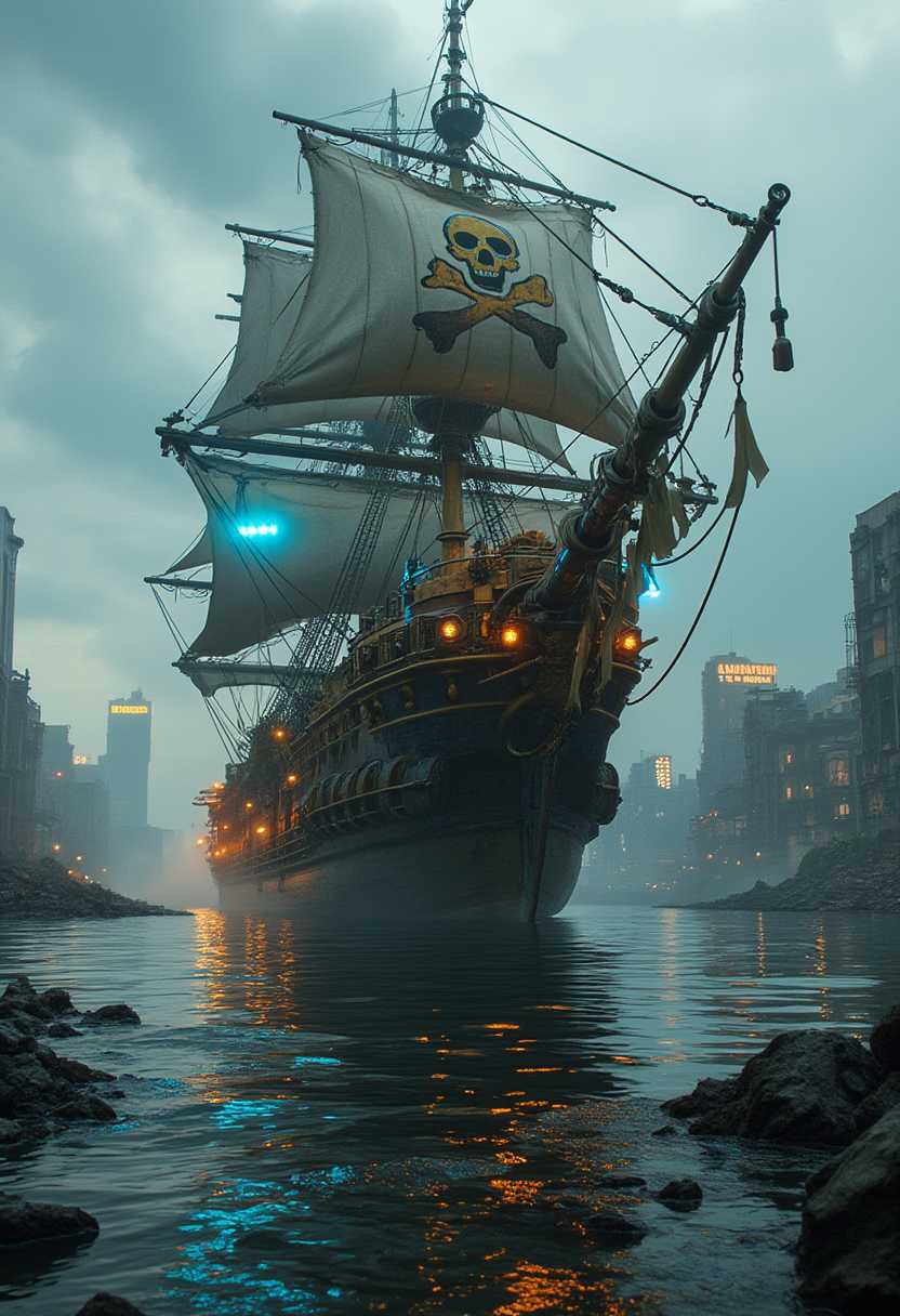 A massive post-apocalyptic steampunk pirate ship navigating through a flooded, ruined cityscape. The ship is intricately detailed with pipes, gears, and metallic elements, exuding a sense of industrial decay. The sails are torn and feature a bold pirate skull and crossbones insignia, emphasizing its ominous and rebellious character. Glowing blue and orange lights illuminate parts of the ship, adding a futuristic touch. The surrounding city is in ruins, with crumbling buildings and debris scattered in the water. The sky is overcast, creating a moody and dramatic atmosphere. The overall scene combines a blend of dystopian, steampunk, and pirate themes
