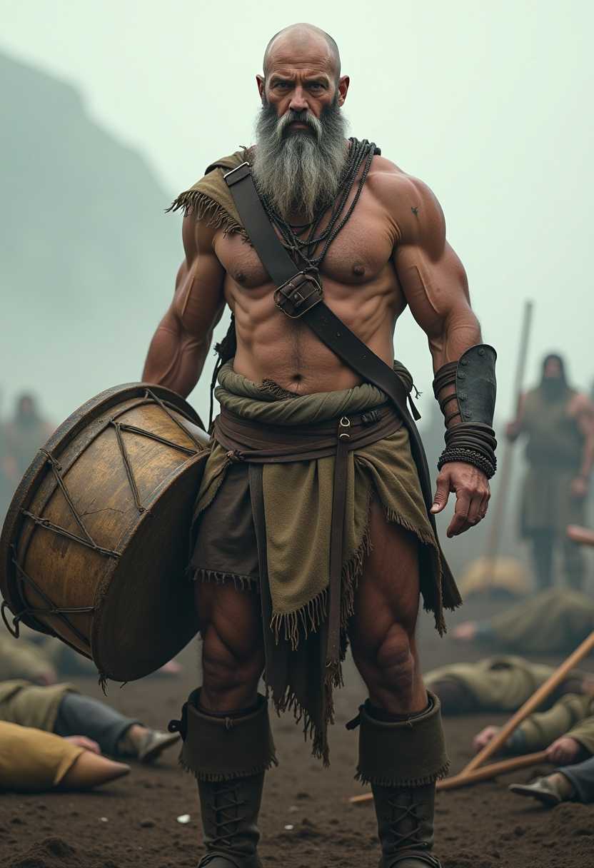 A post-apocalyptic warrior standing in a desolate battlefield, surrounded by fallen soldiers. The character is a bald, muscular man with a long gray beard, wearing primitive armor and adorned with tribal jewelry. He holds a large, weathered drum tied to his waist with a leather strap, evoking the image of a battle drummer. His intense expression reflects determination and resilience. The background features a misty, bleak landscape with muted colors, emphasizing the chaos and destruction of the scene. The overall style combines hyperrealism with a slightly cinematic tone, highlighting intricate details like scars, veins, and dirt