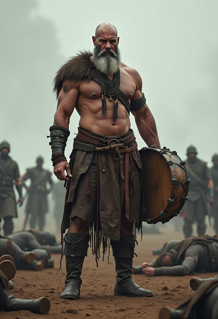 A post-apocalyptic warrior standing in a desolate battlefield, surrounded by fallen soldiers. The character is a bald, muscular man with a long gray beard, wearing primitive armor and adorned with tribal jewelry. He holds a large, weathered drum tied to his waist with a leather strap, evoking the image of a battle drummer. His intense expression reflects determination and resilience. The background features a misty, bleak landscape with muted colors, emphasizing the chaos and destruction of the scene. The overall style combines hyperrealism with a slightly cinematic tone, highlighting intricate details like scars, veins, and dirt