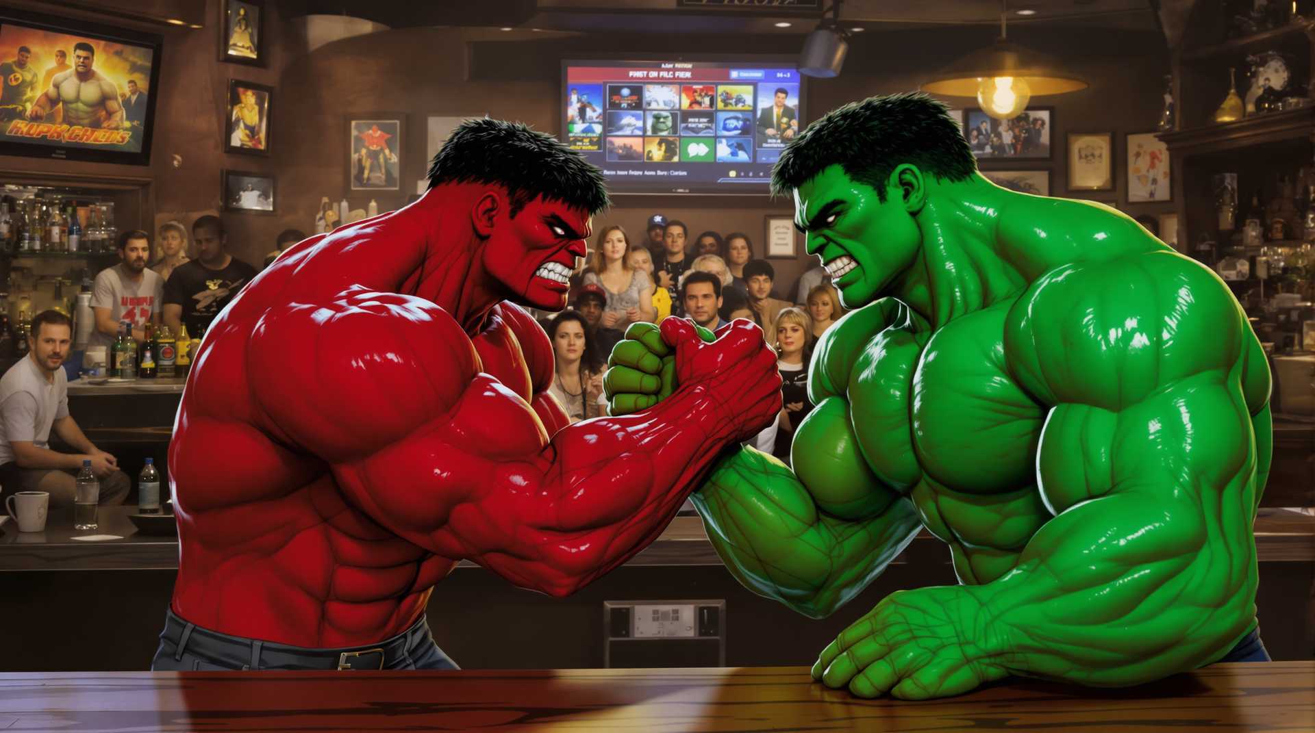 red hulk and green hulk arm wrestle at a crowded bar.