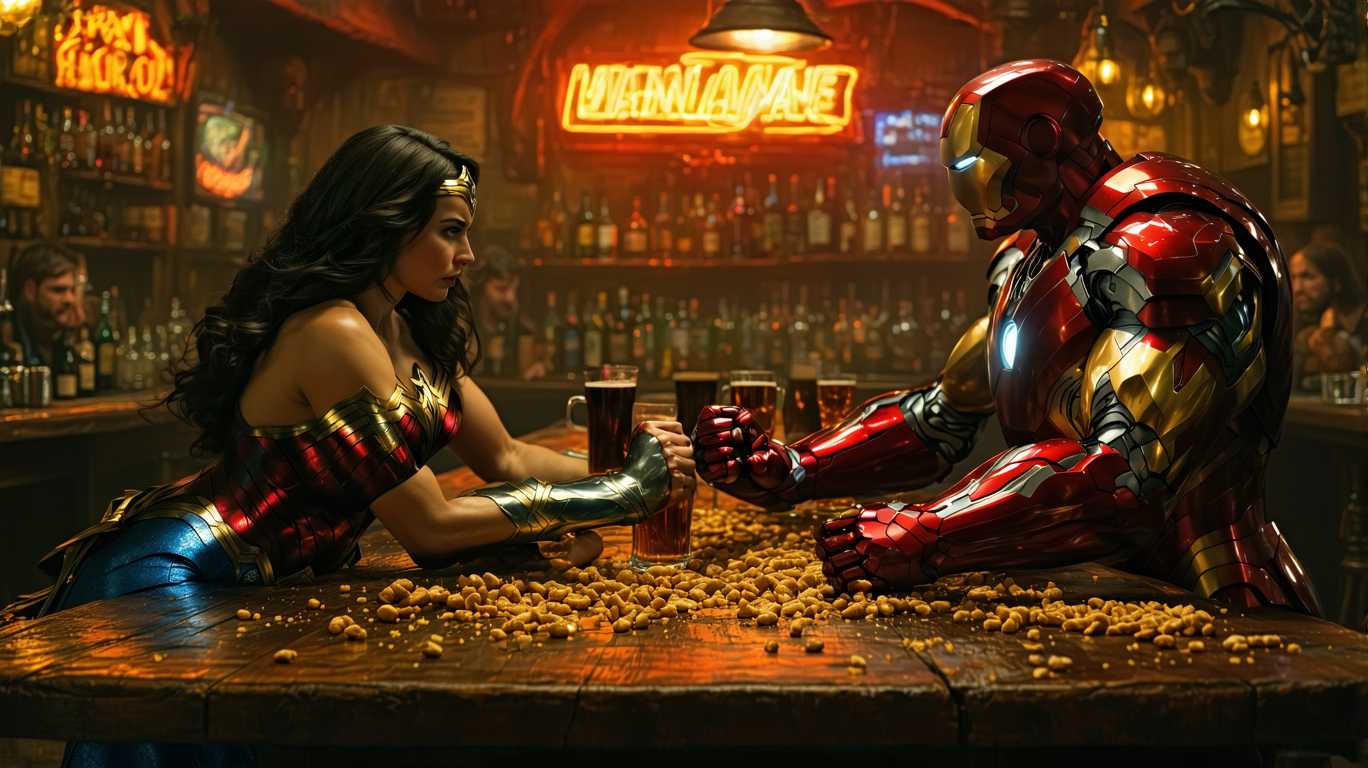 Create an image where **Wonder Woman and Iron Man** are engaged in an **arm wrestling match** in a **rustic bar setting**. Here's how to visualize it:

- **Visual Details**: 
  - Wonder Woman should have her iconic **golden tiara**, **bracers**, and **Lasso of Truth** subtly glowing at her waist. Her **costume** should be in her classic red, blue, and gold, with intricate details on the armor.
  - Iron Man should be in his **Mark 85 armor**, with **metallic sheen** and **arc reactor** glowing brightly. Ensure the armor looks robust, with detailed **mechanical joints**.
  - The bar should be dimly lit with **warm, ambient lighting**, casting shadows that highlight the tension. Include **wooden tables**, **beer mugs**, and **peanut shells** on the floor for authenticity.

- **Style**: 
  - Use a **cinematic, action-packed** style with a slight **comic book aesthetic**. Employ **high contrast lighting** to enhance drama.

- **Composition**: 
  - **Center** the arm wrestling match, with Wonder Woman and Iron Man leaning forward, their faces close, showing **intense concentration**.
  - Camera angle should be **slightly low**, capturing the **muscles** and **armors** in detail, giving a heroic, **larger-than-life** feel.

- **Mood and Atmosphere**: 
  - The atmosphere should be **competitive yet friendly**, with a **sense of anticipation** from the patrons. The bar should have a **lived-in, gritty** feel, with **neon signs** and **jukebox music** in the background.

- **Technical Aspects**: 
  - Use **shallow depth of field** to focus on the arm wrestling while the background is slightly blurred, enhancing the focus on the characters.
  - Employ **motion blur** to suggest movement in the background, indicating a lively bar environment.

**Final Image**: A thrilling, cinematic portrayal of an epic arm wrestling match between Wonder Woman and Iron Man, set in a gritty, atmospheric bar, capturing the essence of both characters in a high-stakes, yet light-hearted competition.