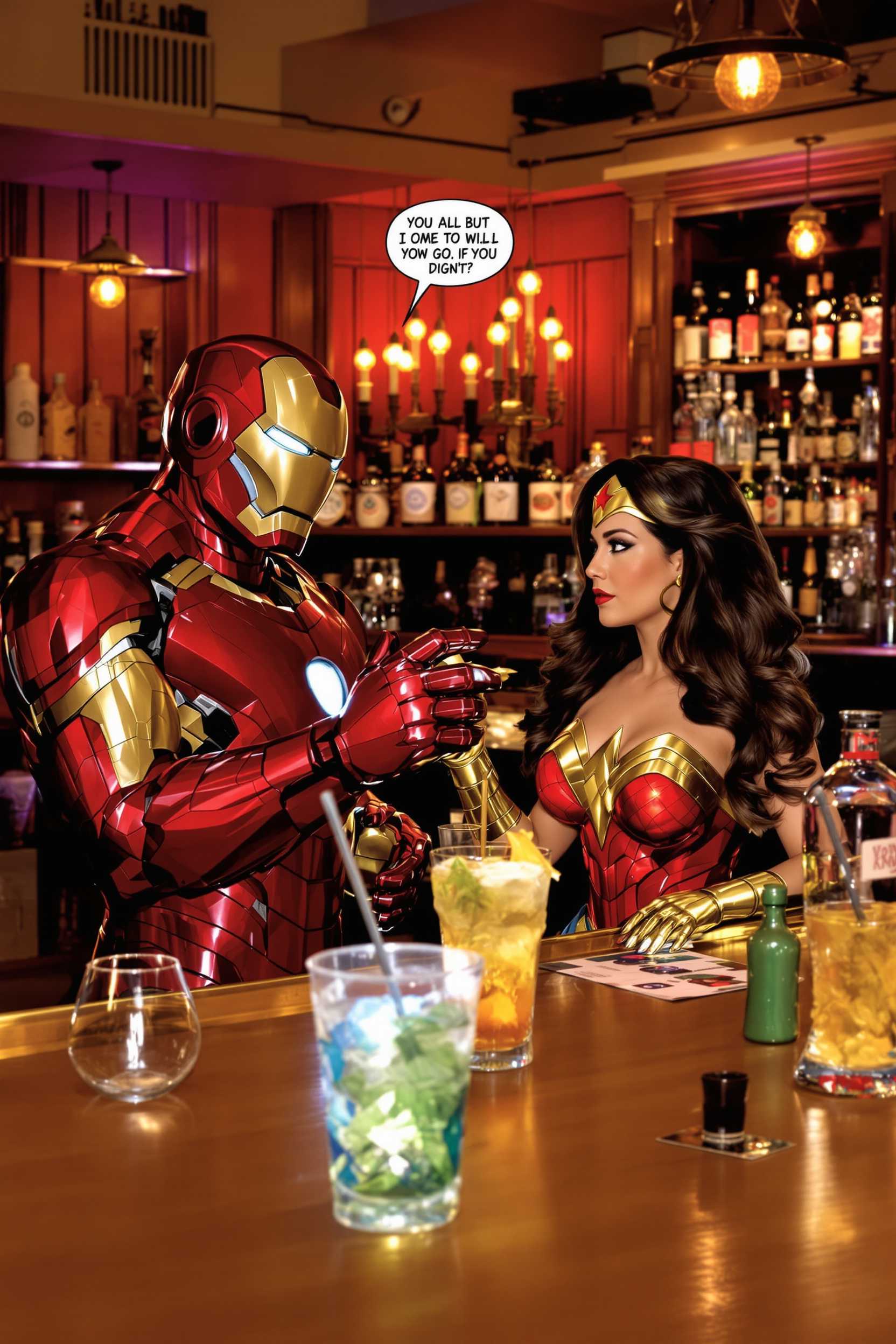 Ironman buys Wonder woman a drink at a bar.