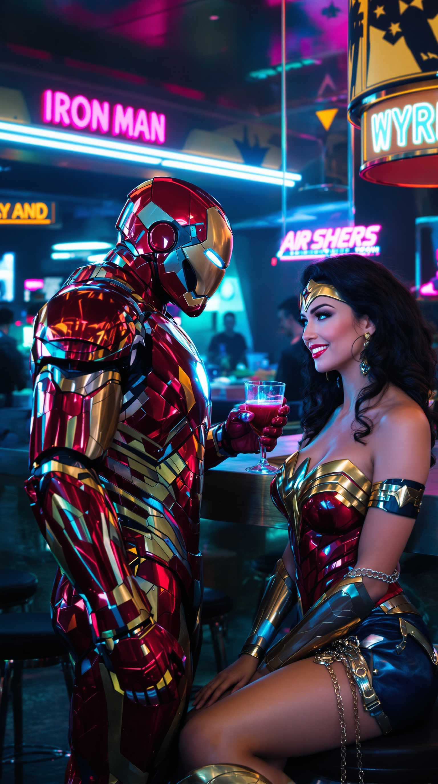 A **cinematic, high-resolution image** depicting **Ironman**, in his sleek, red and gold armor, with light reflecting off his helmet, buying **Wonder Woman** a drink at a **futuristic, neon-lit bar**. The **artistic style** should mimic a **comic book cover** with exaggerated, bold lines, vibrant colors, and dynamic shadowing. 

- **Visual Details**: Ironman's armor should show intricate details like the arc reactor's blue glow, while Wonder Woman's costume is **Amazonian armor** with **leather and metal textures**, her golden lasso subtly visible at her side. The bar is **cyberpunk-themed** with holographic drinks and patrons in futuristic attire.

- **Composition**: Ironman stands slightly to the left, his back towards us, offering a drink to Wonder Woman who is seated, her face partially turned towards the viewer, her eyes meeting the camera with a knowing smile. The camera angle is slightly low, looking up to emphasize the grandeur of the characters.

- **Mood and Atmosphere**: The scene exudes a **relaxed, flirtatious, and slightly mysterious atmosphere**. Neon lights cast a **blue and pink glow** across the scene, with **soft, ambient lighting** creating a **cozy, intimate setting** within the bar's otherwise busy environment.

- **Technical Aspects**: Utilize **shallow depth of field** to focus on the characters, with the background slightly blurred. Employ **dramatic lighting** to highlight the key figures, with **high contrast** to mimic comic book style.

- **Cohesion**: The **futuristic setting** blends seamlessly with the **superhero characters**, creating a **believable, immersive scene** where these icons could naturally interact in a **sci-fi bar** setting.