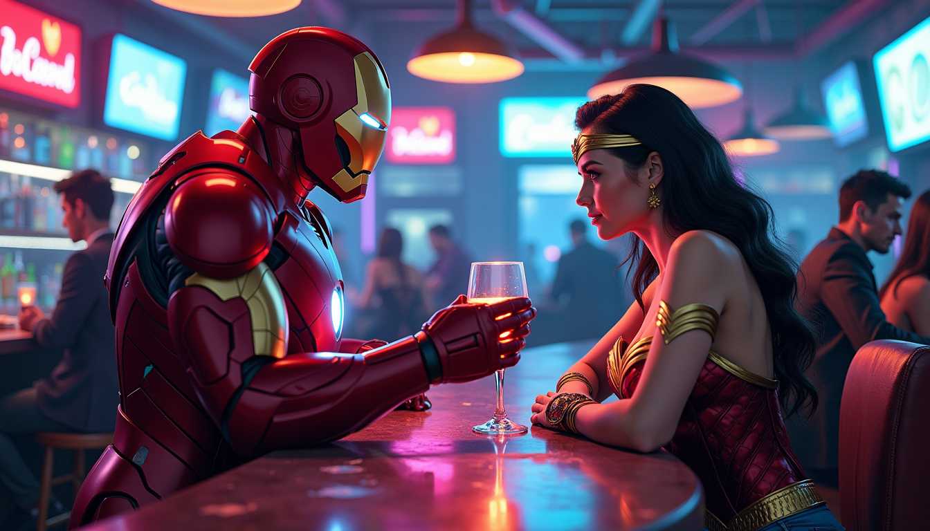 A **cinematic, high-resolution image** depicting **Ironman**, in his sleek, red and gold armor, with light reflecting off his helmet, buying **Wonder Woman** a drink at a **futuristic, neon-lit bar**. The **artistic style** should mimic a **comic book cover** with exaggerated, bold lines, vibrant colors, and dynamic shadowing. 

- **Visual Details**: Ironman's armor should show intricate details like the arc reactor's blue glow, while Wonder Woman's costume is **Amazonian armor** with **leather and metal textures**, her golden lasso subtly visible at her side. The bar is **cyberpunk-themed** with holographic drinks and patrons in futuristic attire.

- **Composition**: Ironman stands slightly to the left, his back towards us, offering a drink to Wonder Woman who is seated, her face partially turned towards the viewer, her eyes meeting the camera with a knowing smile. The camera angle is slightly low, looking up to emphasize the grandeur of the characters.

- **Mood and Atmosphere**: The scene exudes a **relaxed, flirtatious, and slightly mysterious atmosphere**. Neon lights cast a **blue and pink glow** across the scene, with **soft, ambient lighting** creating a **cozy, intimate setting** within the bar's otherwise busy environment.

- **Technical Aspects**: Utilize **shallow depth of field** to focus on the characters, with the background slightly blurred. Employ **dramatic lighting** to highlight the key figures, with **high contrast** to mimic comic book style.

- **Cohesion**: The **futuristic setting** blends seamlessly with the **superhero characters**, creating a **believable, immersive scene** where these icons could naturally interact in a **sci-fi bar** setting.