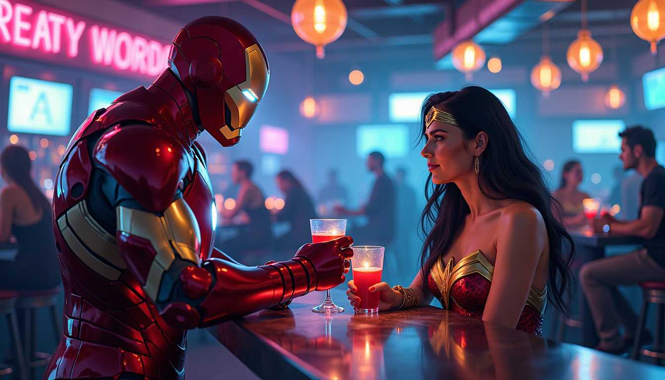 A **cinematic, high-resolution image** depicting **Ironman**, in his sleek, red and gold armor, with light reflecting off his helmet, buying **Wonder Woman** a drink at a **futuristic, neon-lit bar**. The **artistic style** should mimic a **comic book cover** with exaggerated, bold lines, vibrant colors, and dynamic shadowing. 

- **Visual Details**: Ironman's armor should show intricate details like the arc reactor's blue glow, while Wonder Woman's costume is **Amazonian armor** with **leather and metal textures**, her golden lasso subtly visible at her side. The bar is **cyberpunk-themed** with holographic drinks and patrons in futuristic attire.

- **Composition**: Ironman stands slightly to the left, his back towards us, offering a drink to Wonder Woman who is seated, her face partially turned towards the viewer, her eyes meeting the camera with a knowing smile. The camera angle is slightly low, looking up to emphasize the grandeur of the characters.

- **Mood and Atmosphere**: The scene exudes a **relaxed, flirtatious, and slightly mysterious atmosphere**. Neon lights cast a **blue and pink glow** across the scene, with **soft, ambient lighting** creating a **cozy, intimate setting** within the bar's otherwise busy environment.

- **Technical Aspects**: Utilize **shallow depth of field** to focus on the characters, with the background slightly blurred. Employ **dramatic lighting** to highlight the key figures, with **high contrast** to mimic comic book style.

- **Cohesion**: The **futuristic setting** blends seamlessly with the **superhero characters**, creating a **believable, immersive scene** where these icons could naturally interact in a **sci-fi bar** setting.