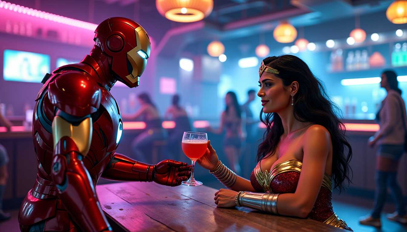 a photo of SH72, A **cinematic, high-resolution image** depicting **Ironman**, in his sleek, red and gold armor, with light reflecting off his helmet, buying **Wonder Woman** a drink at a **futuristic, neon-lit bar**. The **artistic style** should mimic a **comic book cover** with exaggerated, bold lines, vibrant colors, and dynamic shadowing. 

- **Visual Details**: Ironman's armor should show intricate details like the arc reactor's blue glow, while Wonder Woman's costume is **Amazonian armor** with **leather and metal textures**, her golden lasso subtly visible at her side. The bar is **cyberpunk-themed** with holographic drinks and patrons in futuristic attire.

- **Composition**: Ironman stands slightly to the left, his back towards us, offering a drink to Wonder Woman who is seated, her face partially turned towards the viewer, her eyes meeting the camera with a knowing smile. The camera angle is slightly low, looking up to emphasize the grandeur of the characters.

- **Mood and Atmosphere**: The scene exudes a **relaxed, flirtatious, and slightly mysterious atmosphere**. Neon lights cast a **blue and pink glow** across the scene, with **soft, ambient lighting** creating a **cozy, intimate setting** within the bar's otherwise busy environment.

- **Technical Aspects**: Utilize **shallow depth of field** to focus on the characters, with the background slightly blurred. Employ **dramatic lighting** to highlight the key figures, with **high contrast** to mimic comic book style.

- **Cohesion**: The **futuristic setting** blends seamlessly with the **superhero characters**, creating a **believable, immersive scene** where these icons could naturally interact in a **sci-fi bar** setting.