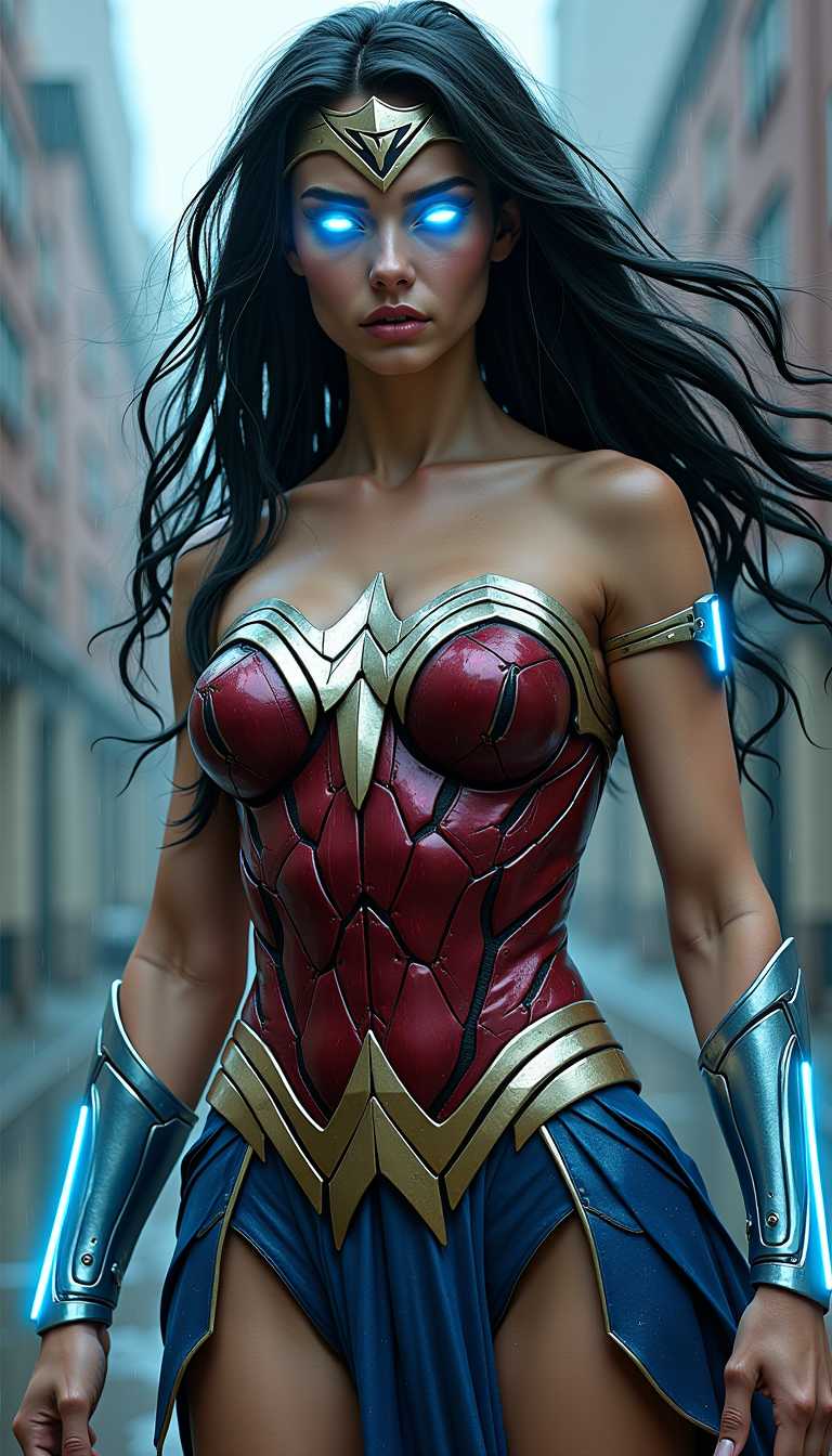 **Prompt:** A cinematic portrait of Wonder Woman as a cyborg, merging the essence of ancient Greek warrior with futuristic cybernetics. 

- **Subject:** Wonder Woman, portrayed with her iconic long, dark hair flowing in the wind, now interwoven with glowing, neon blue cybernetic circuits that pulse with energy. Her skin has areas of smooth, metallic sheen, transitioning seamlessly into flesh, with intricate mechanical enhancements visible around her eyes, giving them an otherworldly glow.

- **Visual Elements:** 
  - **Colors:** Dominant colors are metallic silver, with highlights of neon blue for the cybernetics, and earthy tones for her natural aspects, creating a striking contrast.
  - **Lighting:** High contrast lighting with dramatic shadows, emphasizing the metallic textures and the luminescence of the cybernetics. Use of backlighting to outline her silhouette with a halo effect.
  - **Textures:** A mix of polished metal surfaces, organic skin texture, and the rough, industrial look of mechanical parts.

- **Style:** Cyberpunk infused with classical Greek art, blending the aesthetic of Ridley Scott's 'Blade Runner' with the heroic poses of Greek statues. The image should have a hyper-realistic quality with a touch of surrealism.

- **Composition:** 
  - **Camera Angle:** Low angle shot to make Wonder Woman appear larger than life, empowering her presence.
  - **Framing:** She stands in the center of the frame, slightly off-kilter, with a dynamic pose that suggests movement, her body partially turned towards the viewer, one arm outstretched in a heroic gesture.

- **Mood and Atmosphere:** 
  - **Time of Day:** Twilight, with the last rays of the sun casting long shadows, enhancing the neon blue glow of her cybernetics.
  - **Weather:** Light rain, with raindrops reflecting the neon lights, adding to the cyberpunk atmosphere.
  - **Ambiance:** A sense of awe and power, with an underlying tension between her ancient origins and her future self, creating a surreal, almost dreamlike quality.

- **Technical Aspects:** 
  - **Depth of Field:** Shallow depth of field focusing on Wonder Woman, with the background slightly blurred to keep the focus on her.
  - **Lens Flare:** Subtle lens flares from the neon lighting to give the image a cinematic feel.
  - **Focus:** Sharp focus on her eyes and cybernetic enhancements to draw attention to the fusion of human and machine.

- **Cohesion:** All elements work together