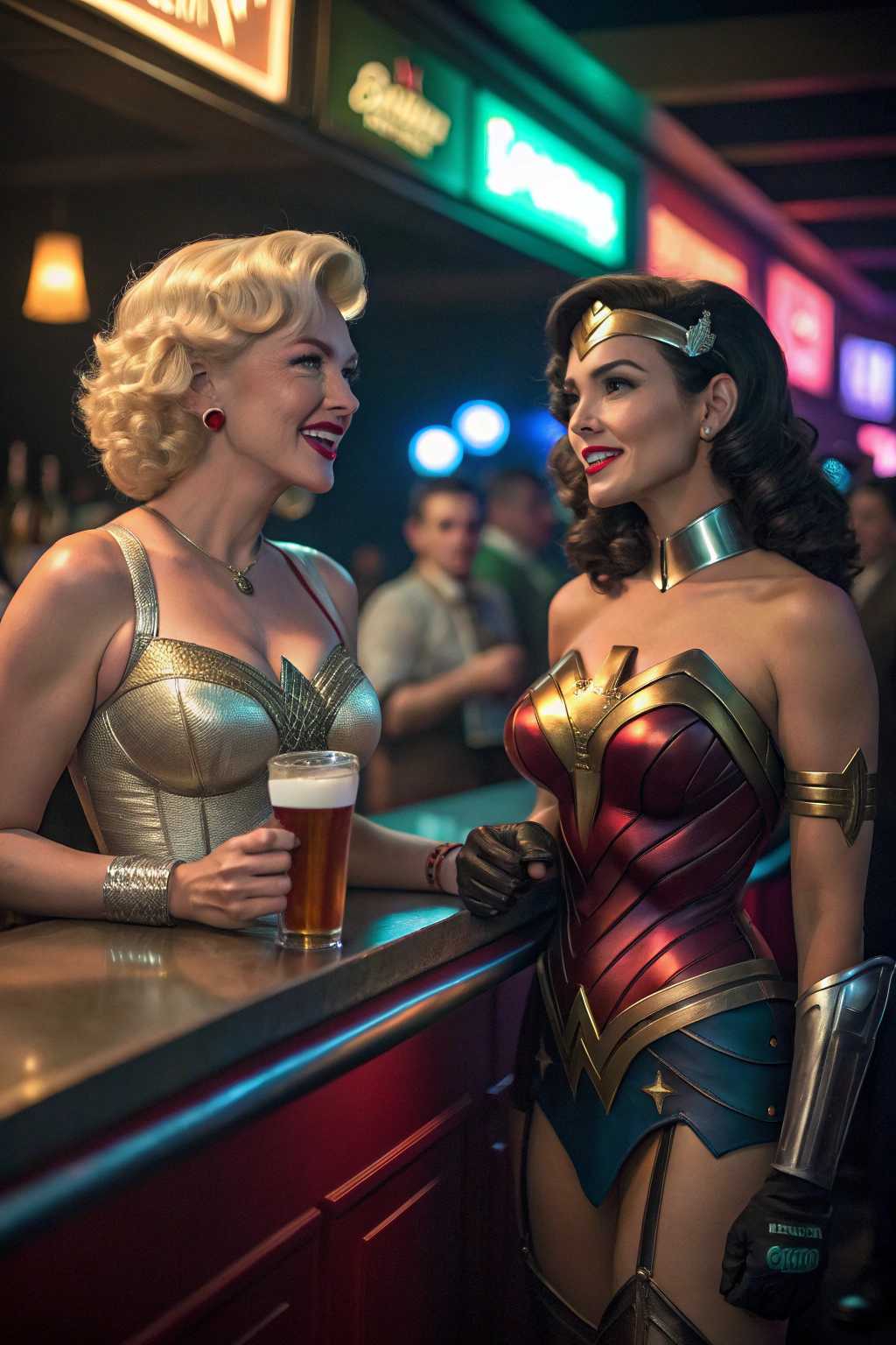 Marilyn Monroe, wonder woman is a cyborg!At a bar!!! with a beer!!