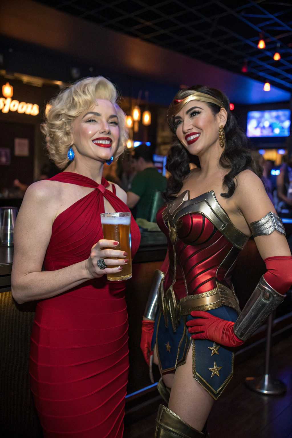 Marilyn Monroe, wonder woman is a cyborg!At a bar!!! with a beer!!