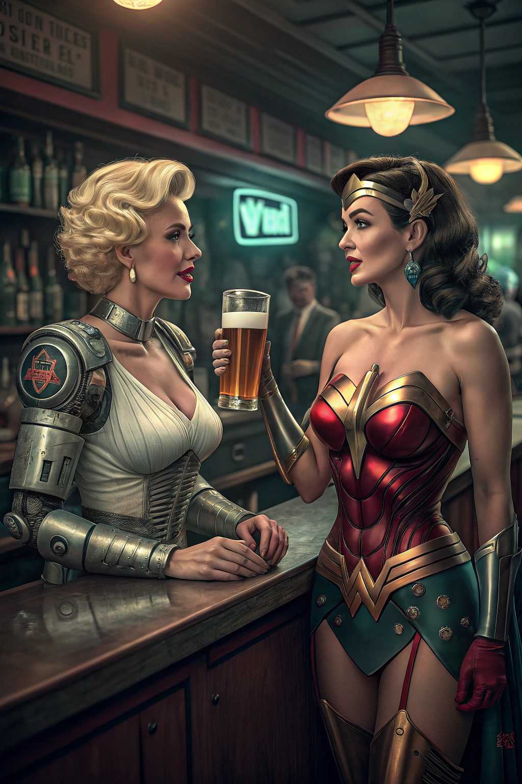 Marilyn Monroe, wonder woman is a cyborg!At a bar!!! with a beer!!