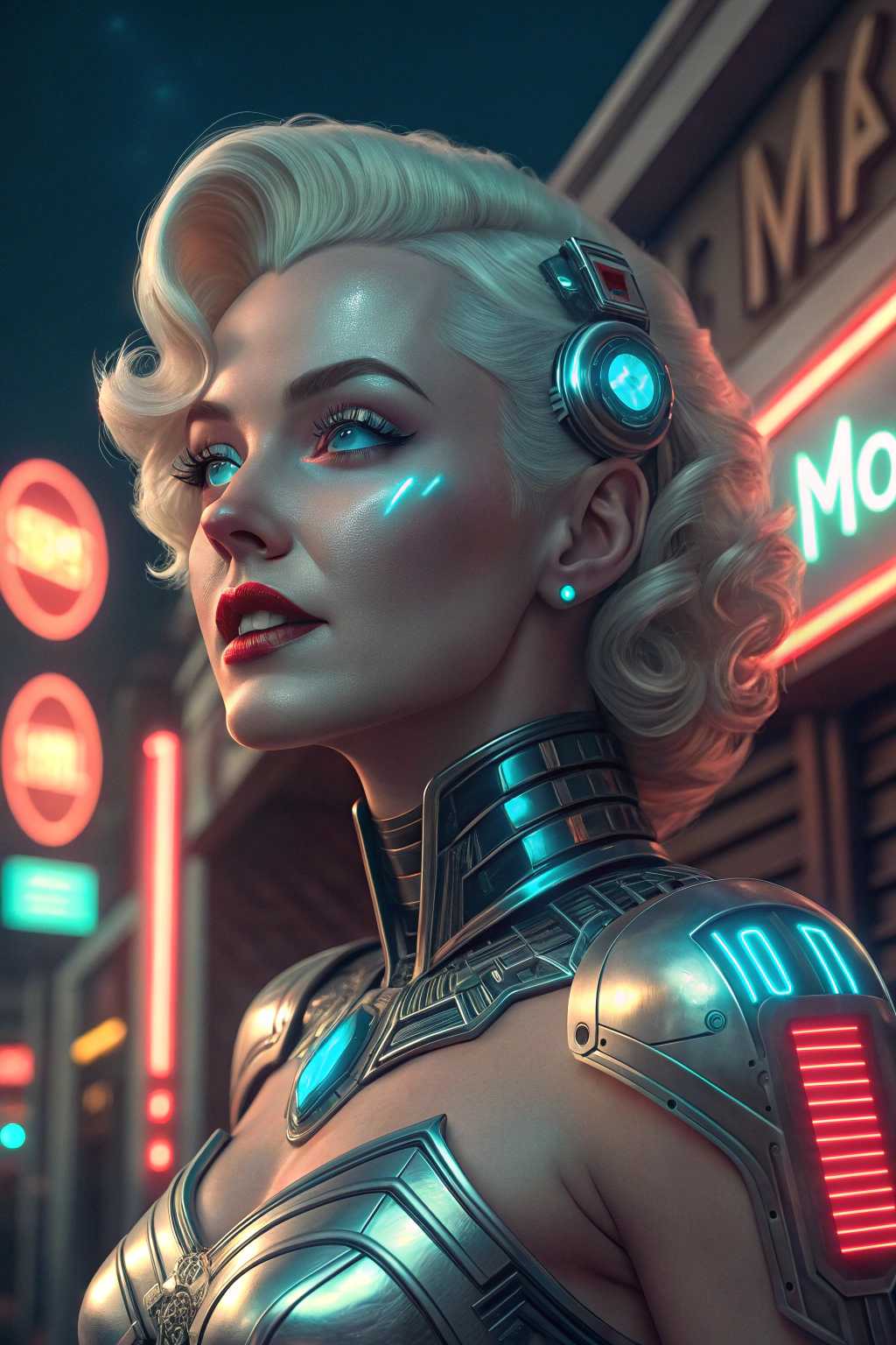 A captivating digital art illustration featuring **Marilyn Monroe as Wonder Woman**, now reimagined as a **cyborg** in a **retro-futuristic style**. 

**Visual Details:**
- **Marilyn Monroe:** Her iconic beauty is preserved with her platinum blonde hair, but enhanced with cybernetic elements. Her eyes are replaced with glowing, neon-blue cybernetic implants, and parts of her face subtly show metallic components integrated with her skin, giving a seamless blend of human and machine.
- **Wonder Woman's Attire:** She wears a modified version of her classic costume, now with futuristic armor plating that includes glowing lines and circuits. The star-spangled top and tiara are metallic and sleek, reflecting light with a polished finish. Her Lasso of Truth has a cybernetic glow, suggesting its power source.
- **Environment:** The bar setting has a **neo-noir** aesthetic, with dim lighting, neon signs casting colorful reflections, and a mix of vintage and futuristic decor. The bar counter is made of a reflective, high-tech material, contrasting with the retro feel of the surrounding furniture.
- **Beer:** She holds a futuristic beer mug, glowing with a soft light, perhaps indicating a unique brew or an energy drink for cyborgs.

**Composition:**
- Marilyn/Wonder Woman is the focal point, seated at the bar in a relaxed yet commanding pose, facing slightly towards the camera, with her elbow resting on the counter. The background shows other patrons, blending into the shadows, creating a sense of depth and mystery.

**Mood and Atmosphere:**
- The scene exudes a **retro-futuristic, cyberpunk** atmosphere, with a touch of glamour and a hint of rebellion. The mood is playful yet sophisticated, as if she's taking a well-deserved break in her new cyborg life.

**Technical Aspects:**
- **Lighting:** Use chiaroscuro techniques with strong contrasts between light and dark, highlighting her cybernetic enhancements while creating shadows that add depth.
- **Color Palette:** A mix of muted tones for the bar's interior, with pops of bright neon colors for her cybernetic parts and the beer mug.
- **Camera Angle:** A low-angle shot to emphasize her stature and power, with a slight tilt to add dynamic tension to the scene.

**Artistic Style:**
- The image should be rendered in a style reminiscent of **retro sci-fi movie posters**, with clean lines, bold outlines, and a glossy finish to the cybernetic components, capturing the essence of both Marilyn Monroe's timeless allure and