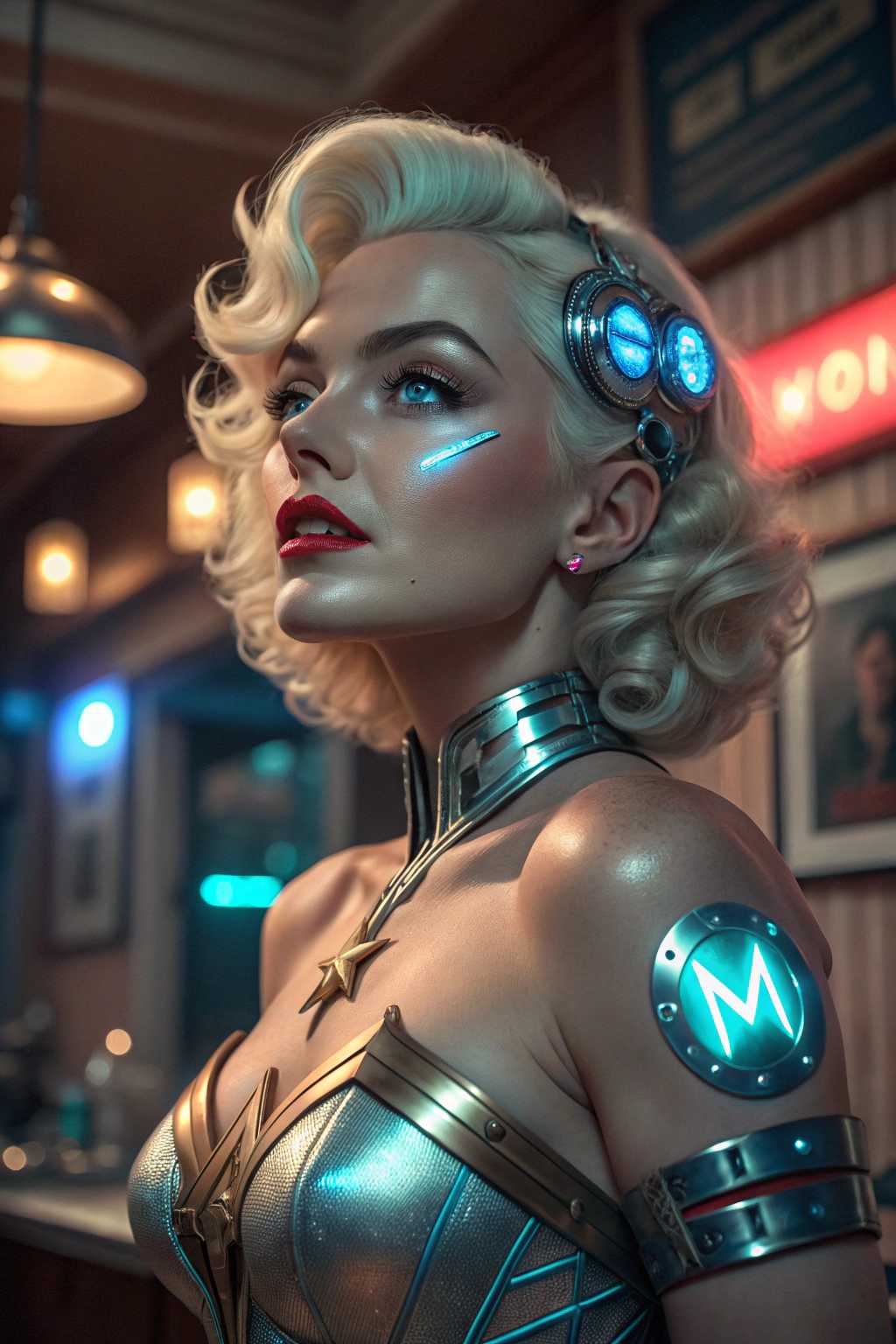 A captivating digital art illustration featuring **Marilyn Monroe as Wonder Woman**, now reimagined as a **cyborg** in a **retro-futuristic style**. 

**Visual Details:**
- **Marilyn Monroe:** Her iconic beauty is preserved with her platinum blonde hair, but enhanced with cybernetic elements. Her eyes are replaced with glowing, neon-blue cybernetic implants, and parts of her face subtly show metallic components integrated with her skin, giving a seamless blend of human and machine.
- **Wonder Woman's Attire:** She wears a modified version of her classic costume, now with futuristic armor plating that includes glowing lines and circuits. The star-spangled top and tiara are metallic and sleek, reflecting light with a polished finish. Her Lasso of Truth has a cybernetic glow, suggesting its power source.
- **Environment:** The bar setting has a **neo-noir** aesthetic, with dim lighting, neon signs casting colorful reflections, and a mix of vintage and futuristic decor. The bar counter is made of a reflective, high-tech material, contrasting with the retro feel of the surrounding furniture.
- **Beer:** She holds a futuristic beer mug, glowing with a soft light, perhaps indicating a unique brew or an energy drink for cyborgs.

**Composition:**
- Marilyn/Wonder Woman is the focal point, seated at the bar in a relaxed yet commanding pose, facing slightly towards the camera, with her elbow resting on the counter. The background shows other patrons, blending into the shadows, creating a sense of depth and mystery.

**Mood and Atmosphere:**
- The scene exudes a **retro-futuristic, cyberpunk** atmosphere, with a touch of glamour and a hint of rebellion. The mood is playful yet sophisticated, as if she's taking a well-deserved break in her new cyborg life.

**Technical Aspects:**
- **Lighting:** Use chiaroscuro techniques with strong contrasts between light and dark, highlighting her cybernetic enhancements while creating shadows that add depth.
- **Color Palette:** A mix of muted tones for the bar's interior, with pops of bright neon colors for her cybernetic parts and the beer mug.
- **Camera Angle:** A low-angle shot to emphasize her stature and power, with a slight tilt to add dynamic tension to the scene.

**Artistic Style:**
- The image should be rendered in a style reminiscent of **retro sci-fi movie posters**, with clean lines, bold outlines, and a glossy finish to the cybernetic components, capturing the essence of both Marilyn Monroe's timeless allure and