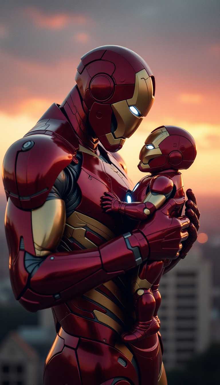 Generate an image of **Iron Man** tenderly cradling a **baby Iron Man** in his arms:

- **Subject**: Iron Man, fully armored in his iconic red and gold suit, exuding a sense of strength and heroism, holds a small, equally armored baby Iron Man. The baby's suit is a miniature version, with softer, rounded edges to signify youth.
  
- **Visual Details**: The metallic sheen of their armor reflects the ambient light, creating highlights and shadows that give depth to the metal texture. Iron Man's suit shows subtle signs of wear and battle, while the baby's armor is pristine and unscratched. 

- **Style**: Employ a **cinematic** style reminiscent of Marvel's movie aesthetic, with a high level of detail in the armor and a slight, artistic blur to the background to focus on the subjects.

- **Composition**: Iron Man is positioned at a slight angle, looking down with a mix of pride and affection at the baby. The baby's head is turned slightly towards the viewer, with one tiny hand reaching out. The camera angle is slightly low, emphasizing Iron Man's heroic stature.

- **Mood and Atmosphere**: The scene is set at **dusk**, with the sky transitioning from vibrant sunset colors to the deep blues of night, suggesting a peaceful moment after a day of adventure. The mood is **tender** yet **heroic**, with a warm, soft light illuminating the characters to enhance the emotional depth.

- **Technical Aspects**: Use **depth of field** to keep Iron Man and the baby in sharp focus while the background blurs, creating a **bokeh** effect. The lighting should mimic the **golden hour**, casting a warm glow over the scene with long shadows and a sense of tranquility.

- **Cohesion**: The scene should feel like a still from a Marvel film, where the strength and protective nature of Iron Man are juxtaposed with the innocence and vulnerability of the baby, creating a harmonious and emotionally resonant image.