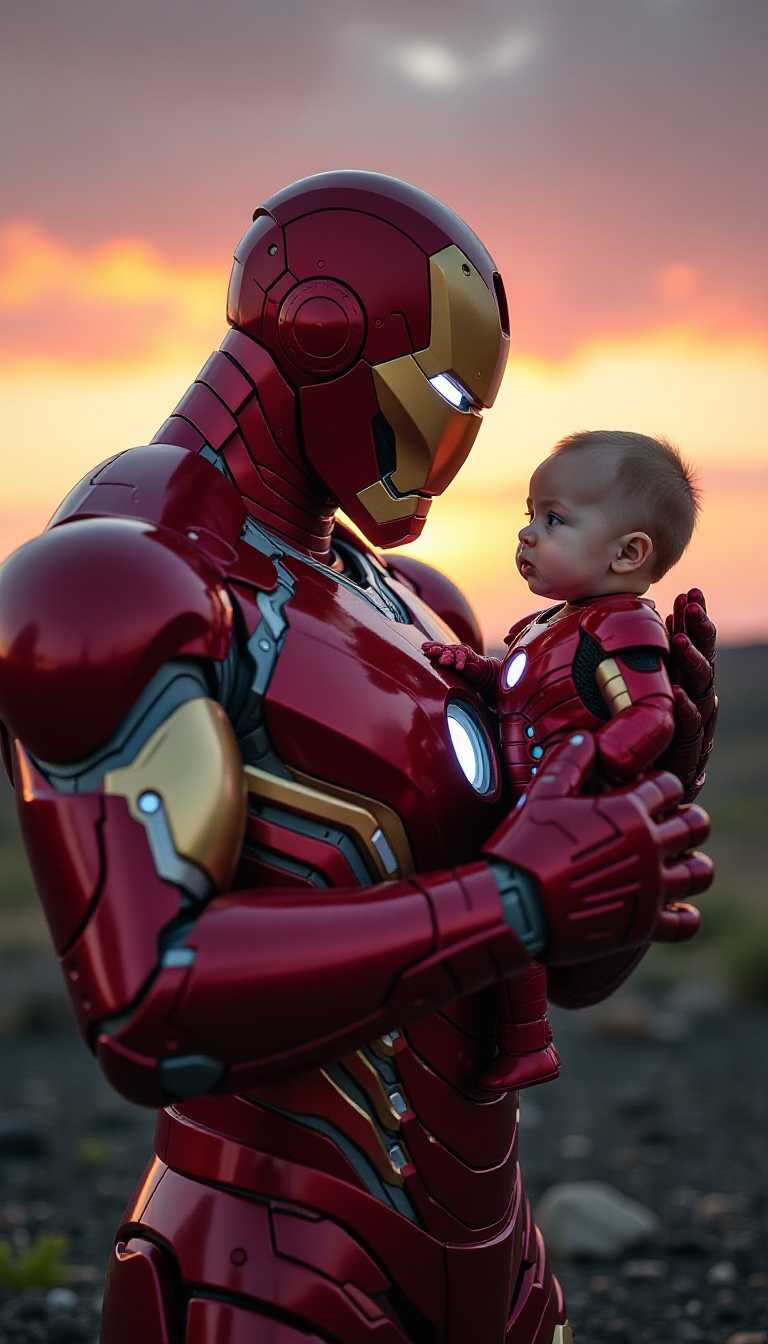 Generate an image of **Iron Man** tenderly cradling a **baby Iron Man** in his arms:

- **Subject**: Iron Man, fully armored in his iconic red and gold suit, exuding a sense of strength and heroism, holds a small, equally armored baby Iron Man. The baby's suit is a miniature version, with softer, rounded edges to signify youth.
  
- **Visual Details**: The metallic sheen of their armor reflects the ambient light, creating highlights and shadows that give depth to the metal texture. Iron Man's suit shows subtle signs of wear and battle, while the baby's armor is pristine and unscratched. 

- **Style**: Employ a **cinematic** style reminiscent of Marvel's movie aesthetic, with a high level of detail in the armor and a slight, artistic blur to the background to focus on the subjects.

- **Composition**: Iron Man is positioned at a slight angle, looking down with a mix of pride and affection at the baby. The baby's head is turned slightly towards the viewer, with one tiny hand reaching out. The camera angle is slightly low, emphasizing Iron Man's heroic stature.

- **Mood and Atmosphere**: The scene is set at **dusk**, with the sky transitioning from vibrant sunset colors to the deep blues of night, suggesting a peaceful moment after a day of adventure. The mood is **tender** yet **heroic**, with a warm, soft light illuminating the characters to enhance the emotional depth.

- **Technical Aspects**: Use **depth of field** to keep Iron Man and the baby in sharp focus while the background blurs, creating a **bokeh** effect. The lighting should mimic the **golden hour**, casting a warm glow over the scene with long shadows and a sense of tranquility.

- **Cohesion**: The scene should feel like a still from a Marvel film, where the strength and protective nature of Iron Man are juxtaposed with the innocence and vulnerability of the baby, creating a harmonious and emotionally resonant image.
