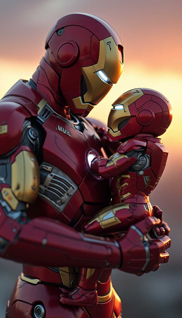 Generate an image of **Iron Man** tenderly cradling a **baby Iron Man** in his arms:

- **Subject**: Iron Man, fully armored in his iconic red and gold suit, exuding a sense of strength and heroism, holds a small, equally armored baby Iron Man. The baby's suit is a miniature version, with softer, rounded edges to signify youth.
  
- **Visual Details**: The metallic sheen of their armor reflects the ambient light, creating highlights and shadows that give depth to the metal texture. Iron Man's suit shows subtle signs of wear and battle, while the baby's armor is pristine and unscratched. 

- **Style**: Employ a **cinematic** style reminiscent of Marvel's movie aesthetic, with a high level of detail in the armor and a slight, artistic blur to the background to focus on the subjects.

- **Composition**: Iron Man is positioned at a slight angle, looking down with a mix of pride and affection at the baby. The baby's head is turned slightly towards the viewer, with one tiny hand reaching out. The camera angle is slightly low, emphasizing Iron Man's heroic stature.

- **Mood and Atmosphere**: The scene is set at **dusk**, with the sky transitioning from vibrant sunset colors to the deep blues of night, suggesting a peaceful moment after a day of adventure. The mood is **tender** yet **heroic**, with a warm, soft light illuminating the characters to enhance the emotional depth.

- **Technical Aspects**: Use **depth of field** to keep Iron Man and the baby in sharp focus while the background blurs, creating a **bokeh** effect. The lighting should mimic the **golden hour**, casting a warm glow over the scene with long shadows and a sense of tranquility.

- **Cohesion**: The scene should feel like a still from a Marvel film, where the strength and protective nature of Iron Man are juxtaposed with the innocence and vulnerability of the baby, creating a harmonious and emotionally resonant image.