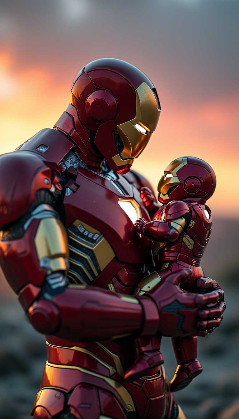 Generate an image of **Iron Man** tenderly cradling a **baby Iron Man** in his arms:

- **Subject**: Iron Man, fully armored in his iconic red and gold suit, exuding a sense of strength and heroism, holds a small, equally armored baby Iron Man. The baby's suit is a miniature version, with softer, rounded edges to signify youth.
  
- **Visual Details**: The metallic sheen of their armor reflects the ambient light, creating highlights and shadows that give depth to the metal texture. Iron Man's suit shows subtle signs of wear and battle, while the baby's armor is pristine and unscratched. 

- **Style**: Employ a **cinematic** style reminiscent of Marvel's movie aesthetic, with a high level of detail in the armor and a slight, artistic blur to the background to focus on the subjects.

- **Composition**: Iron Man is positioned at a slight angle, looking down with a mix of pride and affection at the baby. The baby's head is turned slightly towards the viewer, with one tiny hand reaching out. The camera angle is slightly low, emphasizing Iron Man's heroic stature.

- **Mood and Atmosphere**: The scene is set at **dusk**, with the sky transitioning from vibrant sunset colors to the deep blues of night, suggesting a peaceful moment after a day of adventure. The mood is **tender** yet **heroic**, with a warm, soft light illuminating the characters to enhance the emotional depth.

- **Technical Aspects**: Use **depth of field** to keep Iron Man and the baby in sharp focus while the background blurs, creating a **bokeh** effect. The lighting should mimic the **golden hour**, casting a warm glow over the scene with long shadows and a sense of tranquility.

- **Cohesion**: The scene should feel like a still from a Marvel film, where the strength and protective nature of Iron Man are juxtaposed with the innocence and vulnerability of the baby, creating a harmonious and emotionally resonant image.