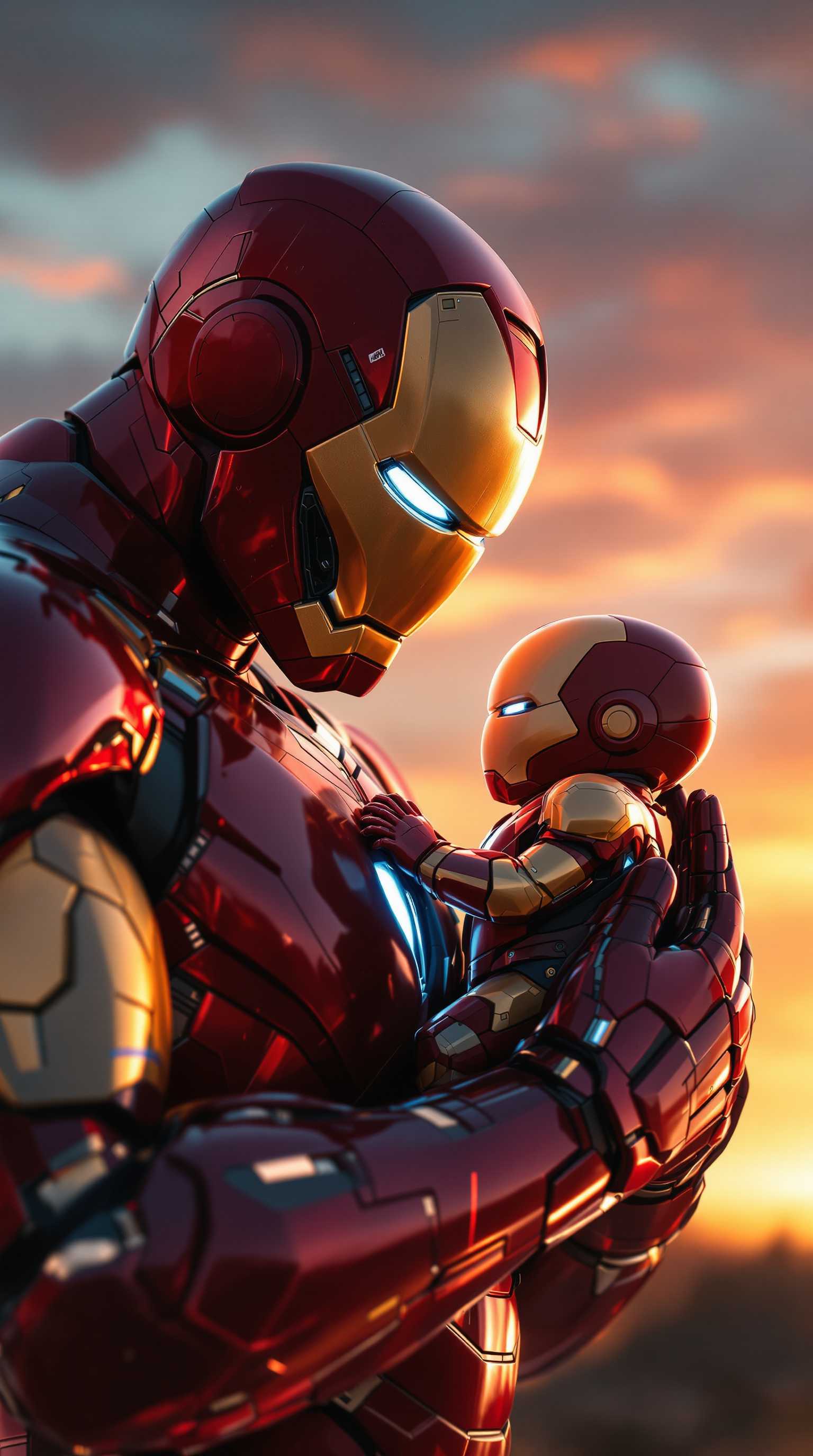 Generate an image of **Iron Man** tenderly cradling a **baby Iron Man** in his arms:

- **Subject**: Iron Man, fully armored in his iconic red and gold suit, exuding a sense of strength and heroism, holds a small, equally armored baby Iron Man. The baby's suit is a miniature version, with softer, rounded edges to signify youth.
  
- **Visual Details**: The metallic sheen of their armor reflects the ambient light, creating highlights and shadows that give depth to the metal texture. Iron Man's suit shows subtle signs of wear and battle, while the baby's armor is pristine and unscratched. 

- **Style**: Employ a **cinematic** style reminiscent of Marvel's movie aesthetic, with a high level of detail in the armor and a slight, artistic blur to the background to focus on the subjects.

- **Composition**: Iron Man is positioned at a slight angle, looking down with a mix of pride and affection at the baby. The baby's head is turned slightly towards the viewer, with one tiny hand reaching out. The camera angle is slightly low, emphasizing Iron Man's heroic stature.

- **Mood and Atmosphere**: The scene is set at **dusk**, with the sky transitioning from vibrant sunset colors to the deep blues of night, suggesting a peaceful moment after a day of adventure. The mood is **tender** yet **heroic**, with a warm, soft light illuminating the characters to enhance the emotional depth.

- **Technical Aspects**: Use **depth of field** to keep Iron Man and the baby in sharp focus while the background blurs, creating a **bokeh** effect. The lighting should mimic the **golden hour**, casting a warm glow over the scene with long shadows and a sense of tranquility.

- **Cohesion**: The scene should feel like a still from a Marvel film, where the strength and protective nature of Iron Man are juxtaposed with the innocence and vulnerability of the baby, creating a harmonious and emotionally resonant image.