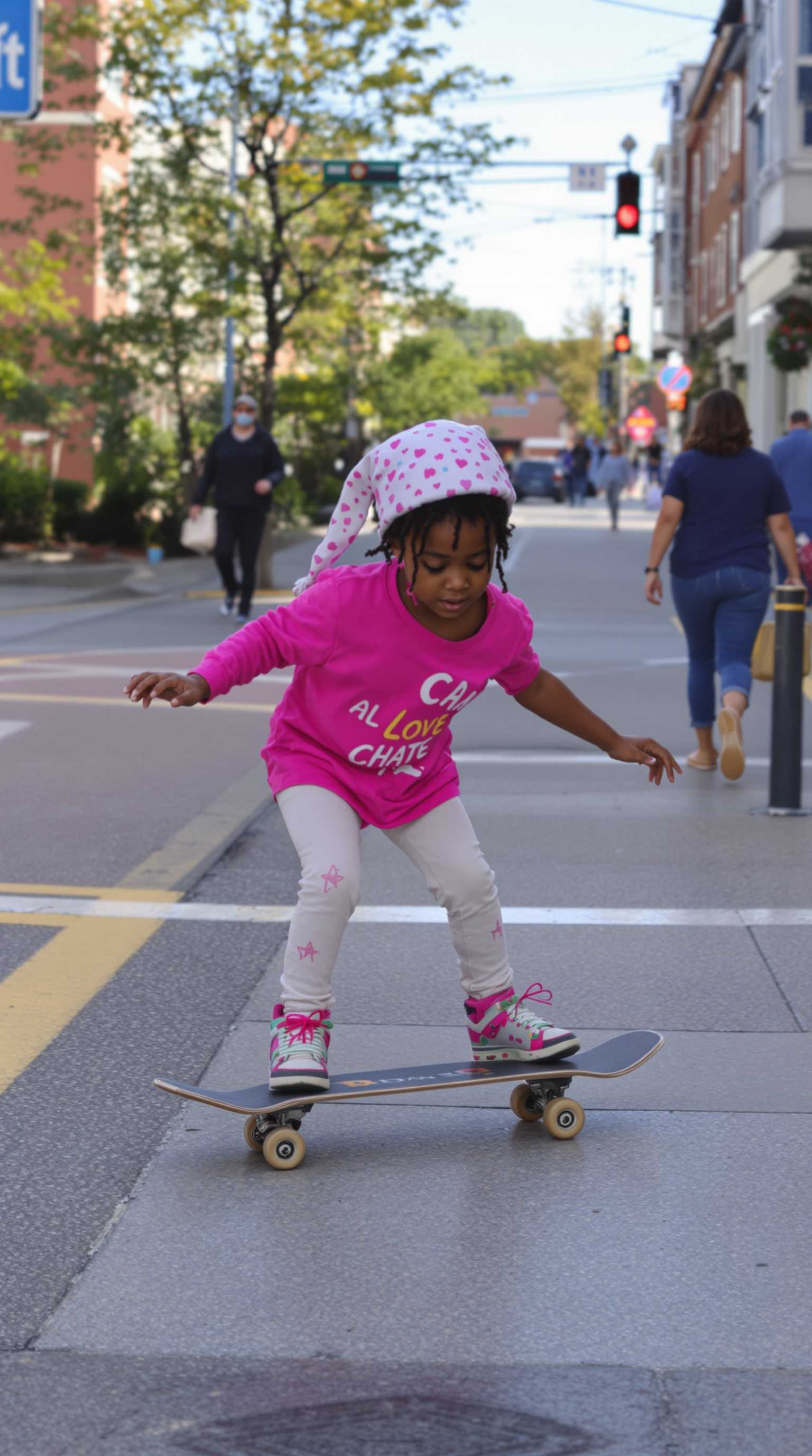 a 2 year old black girl riding a skate board in the streets.
