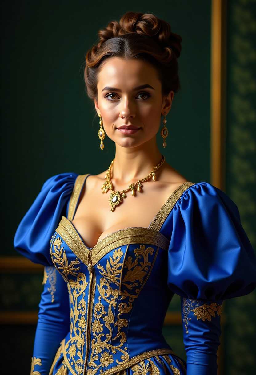 The image features a woman dressed in a richly detailed, royal blue and gold gown with intricate embroidery and patterns. The gown has a fitted bodice with a low cut neckline with a large bust, adorned with golden floral and scrollwork embroidery. The sleeves are puffed and gathered at the wrists, also embellished with gold detailing. The person is wearing a matching golden necklace with a pendant, and earrings that complement the necklaces style. The hair is styled in an elaborate updo with braids and curls, adding to the regal appearance. The background is a dark green with a pattern that suggests a luxurious or historical setting. The lighting in the image is dramatic, highlighting the textures and colors of the clothing and creating a warm, intimate atmosphere.