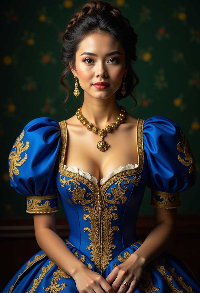 The image features a woman dressed in a richly detailed, royal blue and gold gown with intricate embroidery and patterns. The gown has a fitted bodice with a low cut neckline with a large bust, adorned with golden floral and scrollwork embroidery. The sleeves are puffed and gathered at the wrists, also embellished with gold detailing. The person is wearing a matching golden necklace with a pendant, and earrings that complement the necklaces style. The hair is styled in an elaborate updo with braids and curls, adding to the regal appearance. The background is a dark green with a pattern that suggests a luxurious or historical setting. The lighting in the image is dramatic, highlighting the textures and colors of the clothing and creating a warm, intimate atmosphere.