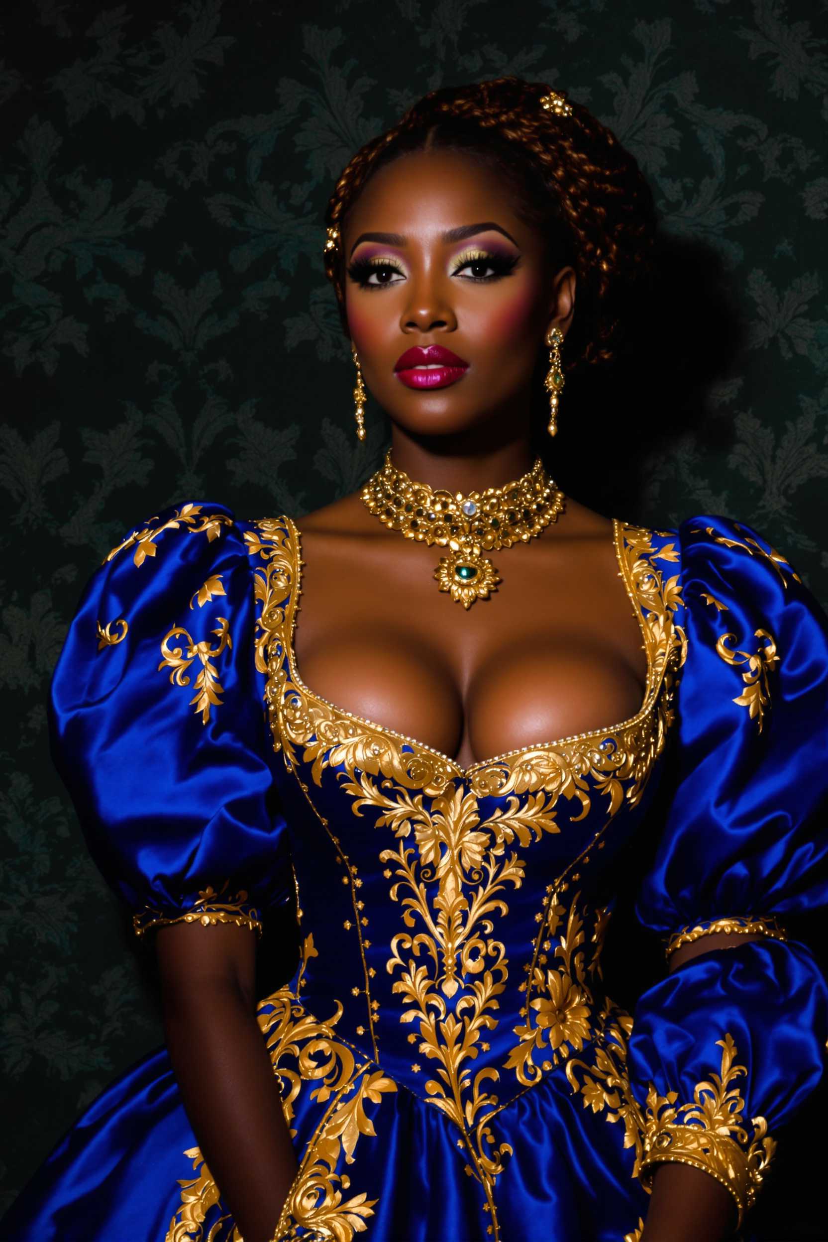 The image features a woman dressed in a richly detailed, royal blue and gold gown with intricate embroidery and patterns. The gown has a fitted bodice with a low cut neckline with a large bust, adorned with golden floral and scrollwork embroidery. The sleeves are puffed and gathered at the wrists, also embellished with gold detailing. The person is wearing a matching golden necklace with a pendant, and earrings that complement the necklaces style. The hair is styled in an elaborate updo with braids and curls, adding to the regal appearance. The background is a dark green with a pattern that suggests a luxurious or historical setting. The lighting in the image is dramatic, highlighting the textures and colors of the clothing and creating a warm, intimate atmosphere.