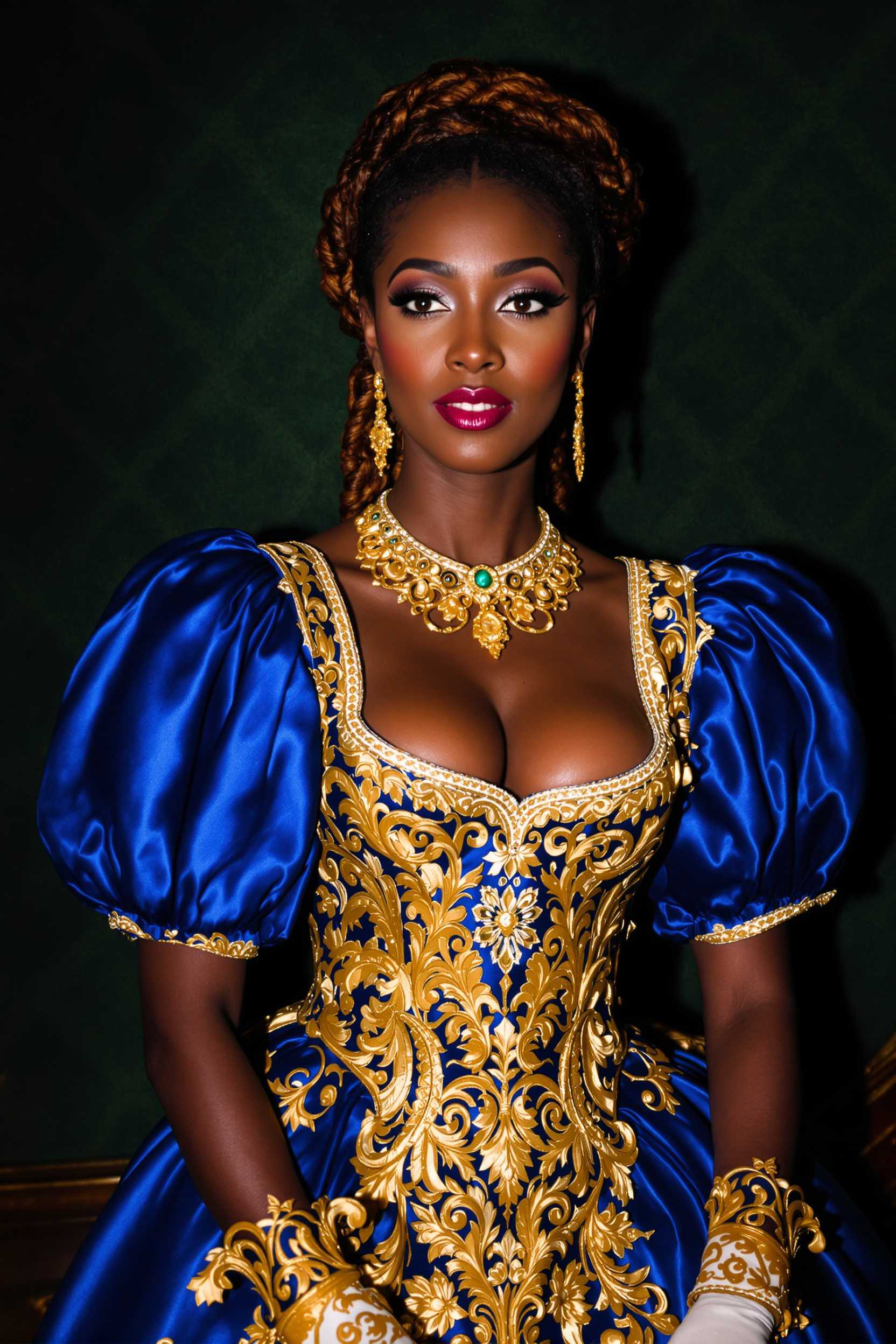 The image features a woman dressed in a richly detailed, royal blue and gold gown with intricate embroidery and patterns. The gown has a fitted bodice with a low cut neckline with a large bust, adorned with golden floral and scrollwork embroidery. The sleeves are puffed and gathered at the wrists, also embellished with gold detailing. The person is wearing a matching golden necklace with a pendant, and earrings that complement the necklaces style. The hair is styled in an elaborate updo with braids and curls, adding to the regal appearance. The background is a dark green with a pattern that suggests a luxurious or historical setting. The lighting in the image is dramatic, highlighting the textures and colors of the clothing and creating a warm, intimate atmosphere.