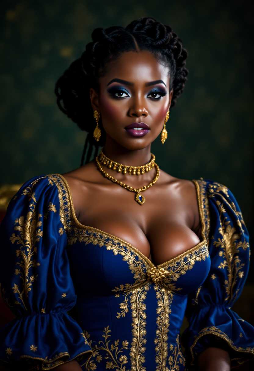 The image features a woman dressed in a richly detailed, royal blue and gold gown with intricate embroidery and patterns. The gown has a fitted bodice with a low cut neckline with a large bust, adorned with golden floral and scrollwork embroidery. The sleeves are puffed and gathered at the wrists, also embellished with gold detailing. The person is wearing a matching golden necklace with a pendant, and earrings that complement the necklaces style. The hair is styled in an elaborate updo with braids and curls, adding to the regal appearance. The background is a dark green with a pattern that suggests a luxurious or historical setting. The lighting in the image is dramatic, highlighting the textures and colors of the clothing and creating a warm, intimate atmosphere.