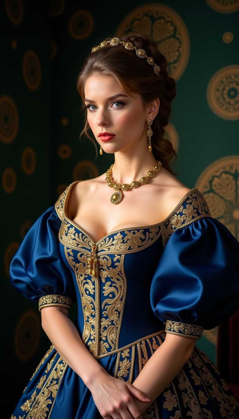 TOKSWIFTIE,  A detailed image features a woman dressed in a richly detailed, royal blue and gold gown with intricate embroidery and patterns. The gown has a fitted bodice with a low cut neckline with a large bust, adorned with golden floral and scrollwork embroidery. The sleeves are puffed and gathered at the wrists, also embellished with gold detailing. The person is wearing a matching golden necklace with a pendant, and earrings that complement the necklaces style. The hair is styled in an elaborate updo with braids and curls, adding to the regal appearance. The background is a dark green with a pattern that suggests a luxurious or historical setting. The lighting in the image is dramatic, highlighting the textures and colors of the clothing and creating a warm, intimate atmosphere.