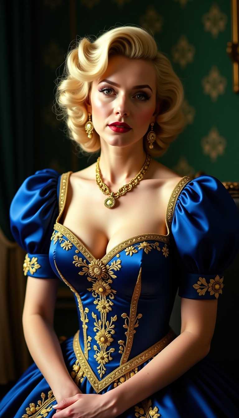 a photo of Marilyn Monroe,  A detailed image features a woman dressed in a richly detailed, royal blue and gold gown with intricate embroidery and patterns. The gown has a fitted bodice with a low cut neckline with a large bust, adorned with golden floral and scrollwork embroidery. The sleeves are puffed and gathered at the wrists, also embellished with gold detailing. The person is wearing a matching golden necklace with a pendant, and earrings that complement the necklaces style. The hair is styled in an elaborate updo with braids and curls, adding to the regal appearance. The background is a dark green with a pattern that suggests a luxurious or historical setting. The lighting in the image is dramatic, highlighting the textures and colors of the clothing and creating a warm, intimate atmosphere.
