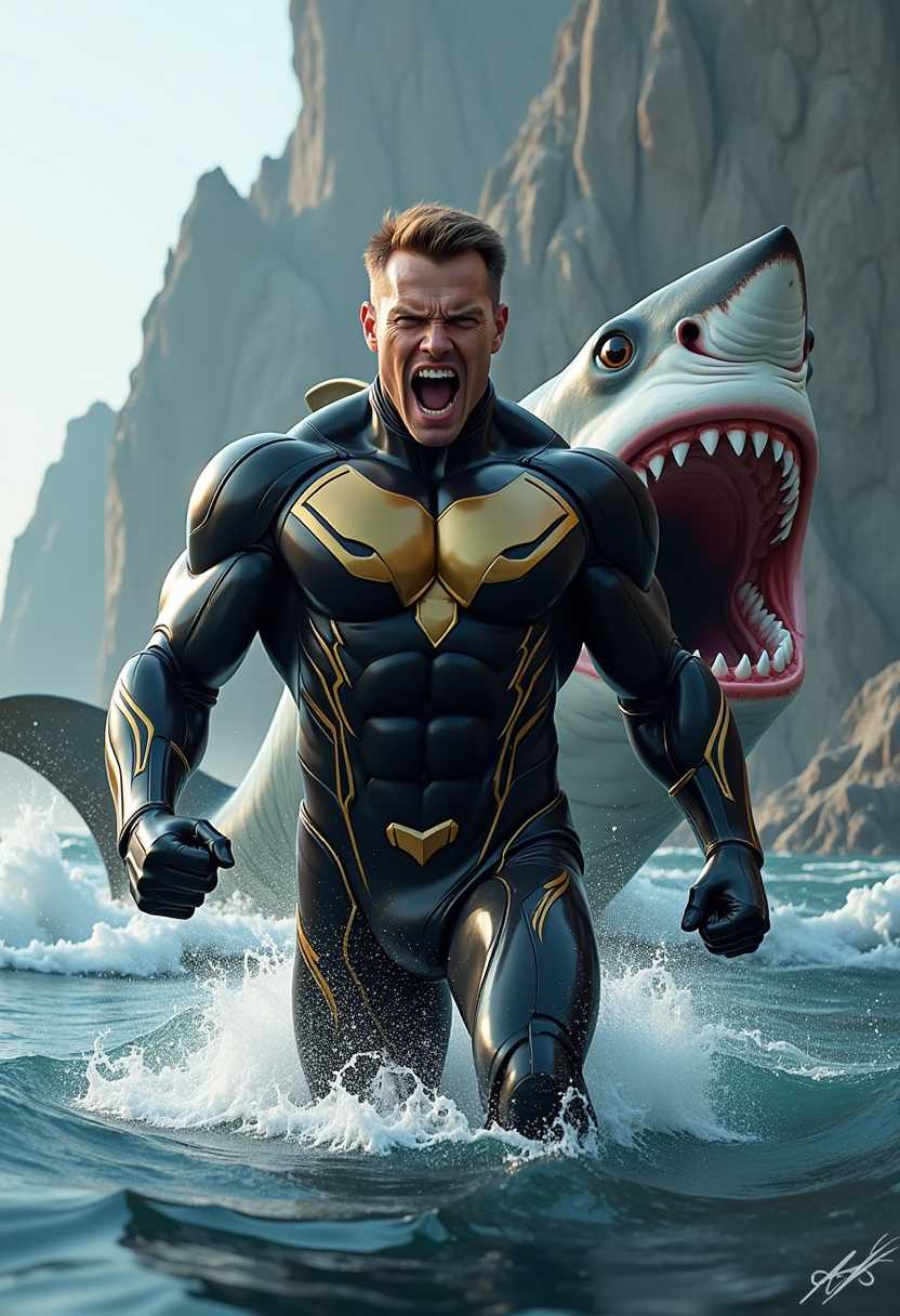 This image is a digitally created artwork that combines elements of fantasy and superhero genres. The art style is highly detailed and realistic, with a cinematic quality that suggests it could be a concept art piece for a film or a video game.The medium appears to be a digital painting, utilizing advanced rendering techniques to create a lifelike representation of the characters and environment. The lighting and shadows are expertly rendered, providing depth and realism to the scene.The primary colors in the image are cool tones, with a predominance of blues and grays that reflect the ocean setting. The black and gold costume of the character adds a striking contrast, drawing the viewers attention to the figure. The sharks skin is depicted with a realistic texture and color palette, ranging from white to dark gray, with hints of pink and red near the mouth.The objects in the image include1. The central figure, a muscular superhero in a black and gold costume with a menacing expression and open mouth full of sharp teeth. The costume has a glossy finish, and the gold accents are highlighted with a subtle sheen, giving the suit a threedimensional appearance.2. A massive shark, with a gaping mouth full of sharp teeth, swimming through the ocean. The sharks skin is textured and detailed, with a realistic pattern of spots and stripes. Its eyes are expressive and fierce, adding to the menacing aura of the creature.3. The ocean setting, with waves crashing against the rocky coastline in the background. The water is rendered with a realistic texture and color palette, reflecting the light and creating a sense of depth.4. The rugged coastline, with jagged rocks protruding from the water, providing a stark and imposing backdrop to the scene.Overall, the image exudes a sense of action and drama, with the superhero and shark poised as if caught in a tense moment of confrontation. The attention to detail and the use of lighting and shadow enhance the realism and cinematic quality of the artwork.