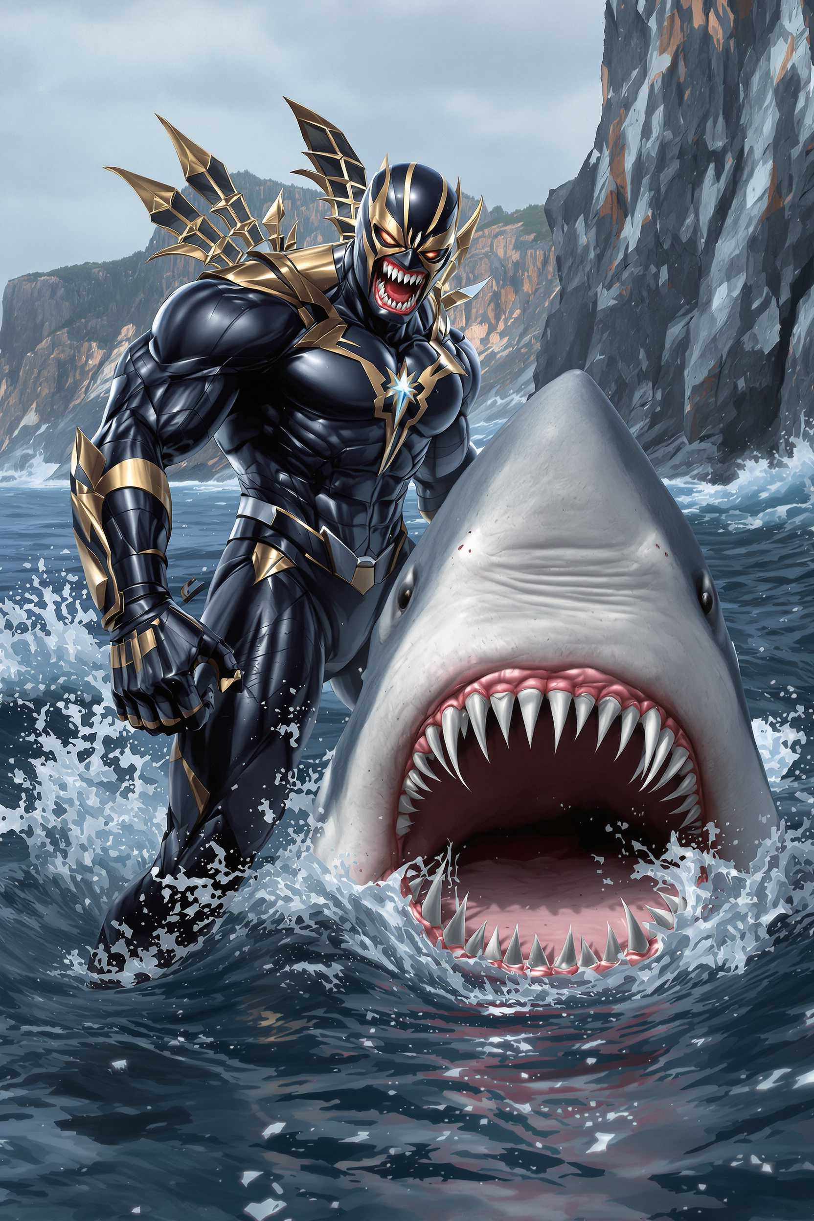 This image is a digitally created artwork that combines elements of fantasy and superhero genres. The art style is highly detailed and realistic, with a cinematic quality that suggests it could be a concept art piece for a film or a video game.The medium appears to be a digital painting, utilizing advanced rendering techniques to create a lifelike representation of the characters and environment. The lighting and shadows are expertly rendered, providing depth and realism to the scene.The primary colors in the image are cool tones, with a predominance of blues and grays that reflect the ocean setting. The black and gold costume of the character adds a striking contrast, drawing the viewers attention to the figure. The sharks skin is depicted with a realistic texture and color palette, ranging from white to dark gray, with hints of pink and red near the mouth.The objects in the image include1. The central figure, a muscular superhero in a black and gold costume with a menacing expression and open mouth full of sharp teeth. The costume has a glossy finish, and the gold accents are highlighted with a subtle sheen, giving the suit a threedimensional appearance.2. A massive shark, with a gaping mouth full of sharp teeth, swimming through the ocean. The sharks skin is textured and detailed, with a realistic pattern of spots and stripes. Its eyes are expressive and fierce, adding to the menacing aura of the creature.3. The ocean setting, with waves crashing against the rocky coastline in the background. The water is rendered with a realistic texture and color palette, reflecting the light and creating a sense of depth.4. The rugged coastline, with jagged rocks protruding from the water, providing a stark and imposing backdrop to the scene.Overall, the image exudes a sense of action and drama, with the superhero and shark poised as if caught in a tense moment of confrontation. The attention to detail and the use of lighting and shadow enhance the realism and cinematic quality of the artwork.